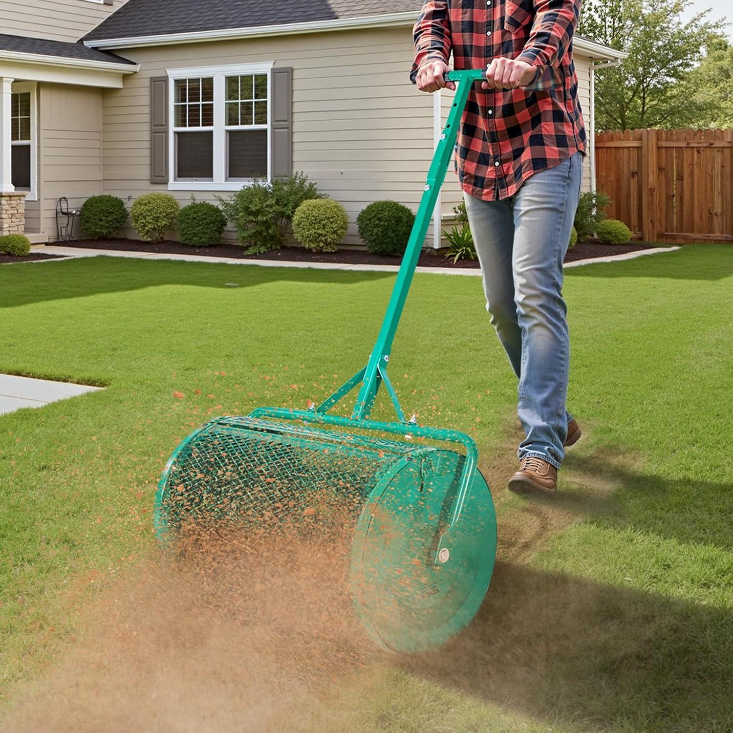 imageVEVOR Compost Spreader 244256quot Height Adjustable Handle 24quot Wide Lawn and Garden Peat Moss Roller with Side Latches Powder Coated Steel Mesh Basket for Spreading Manure Topsoil BlackGreen