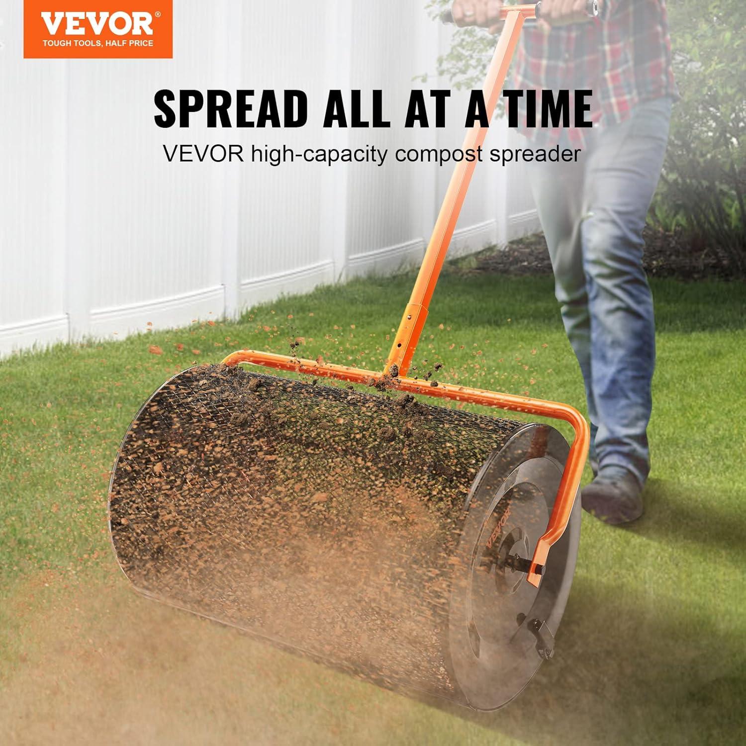 imageVEVOR Compost Spreader 244256quot Height Adjustable Handle 24quot Wide Lawn and Garden Peat Moss Roller with Side Latches Powder Coated Steel Mesh Basket for Spreading Manure Topsoil BlackBlack