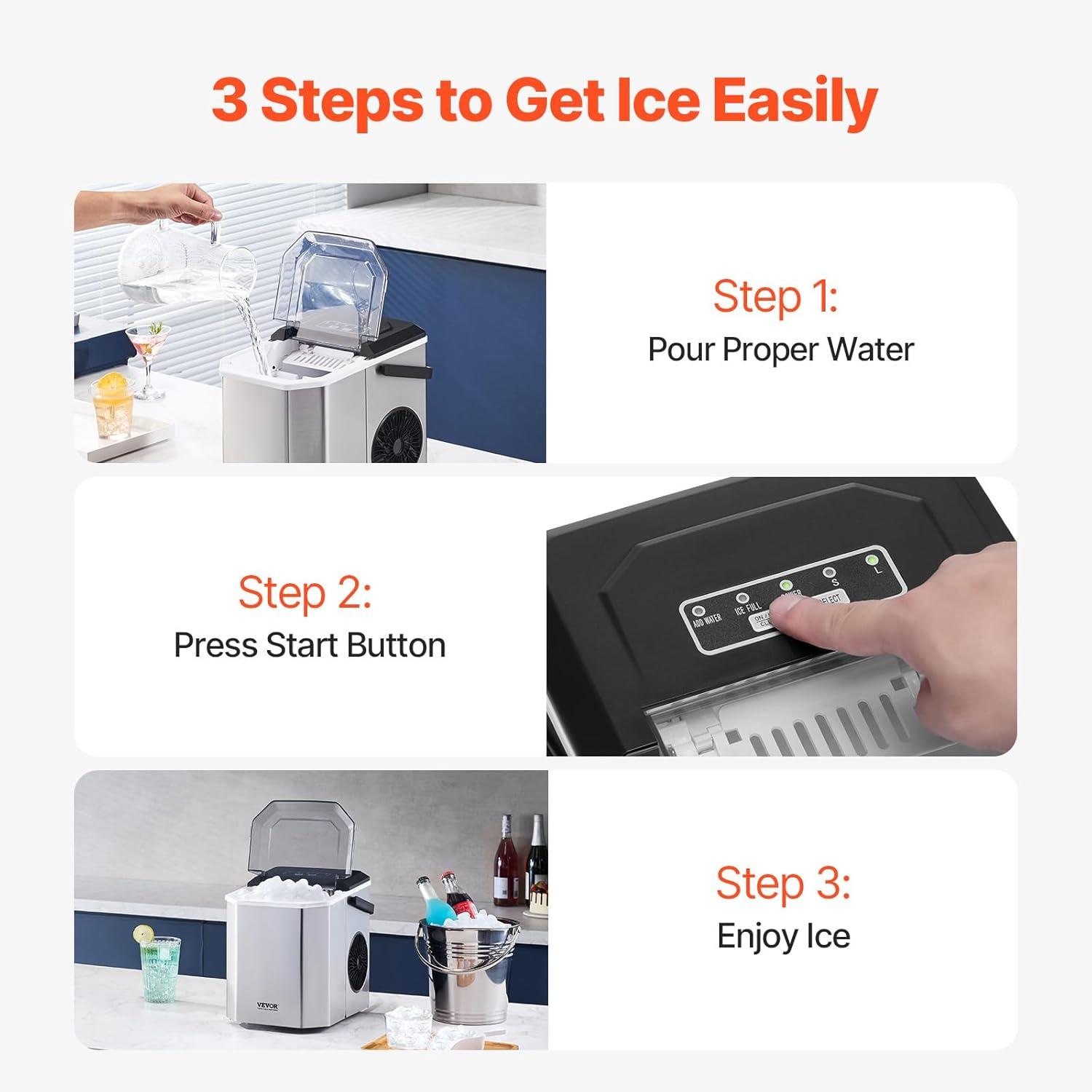 imageVEVOR Countertop Ice Maker 9 Cubes Ready in 6 Mins 26lbs in 24Hrs SelfCleaning Portable Ice Maker with Ice Scoop and Basket Ice Machine with 2 Sizes Bullet Ice for Home Kitchen Office Bar Party26lbsStainless Steel Body