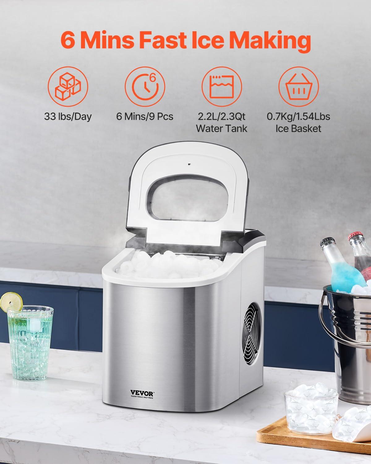 imageVEVOR Countertop Ice Maker 9 Cubes Ready in 6 Mins 26lbs in 24Hrs SelfCleaning Portable Ice Maker with Ice Scoop and Basket Ice Machine with 2 Sizes Bullet Ice for Home Kitchen Office Bar Party33LBS