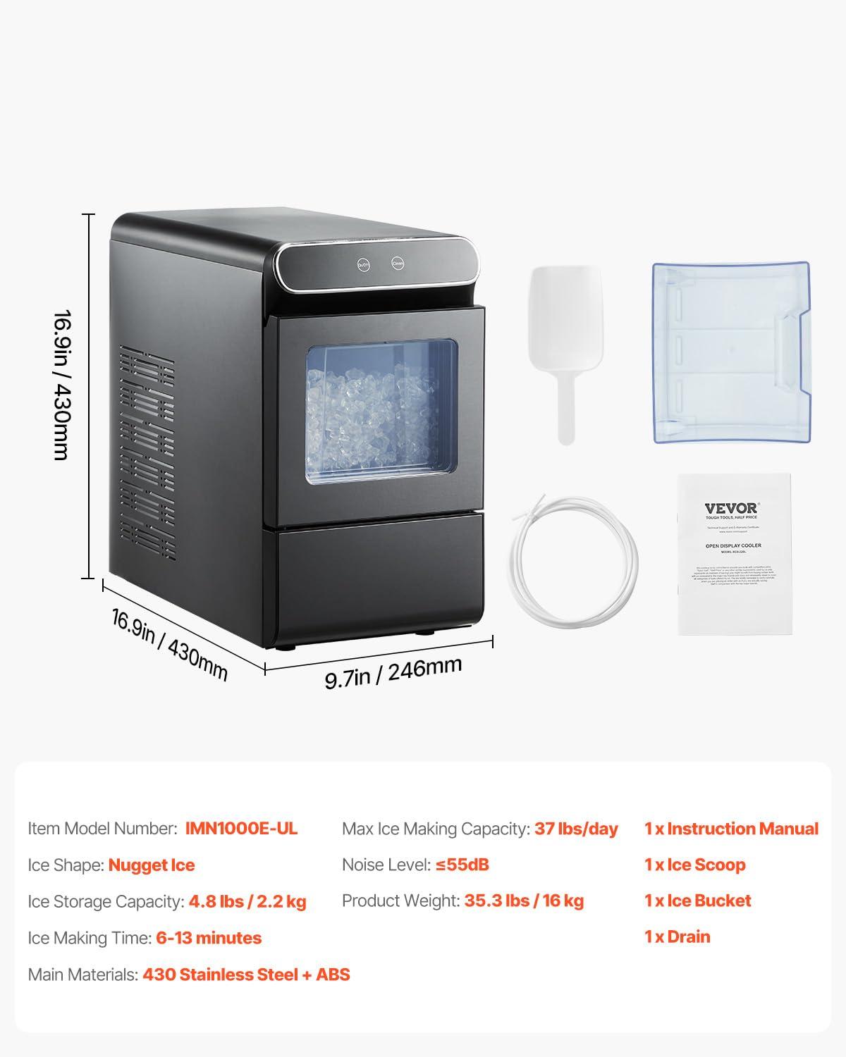 imageVEVOR Countertop Ice Maker 9 Cubes Ready in 6 Mins 26lbs in 24Hrs SelfCleaning Portable Ice Maker with Ice Scoop and Basket Ice Machine with 2 Sizes Bullet Ice for Home Kitchen Office Bar Party37lbsauto refill