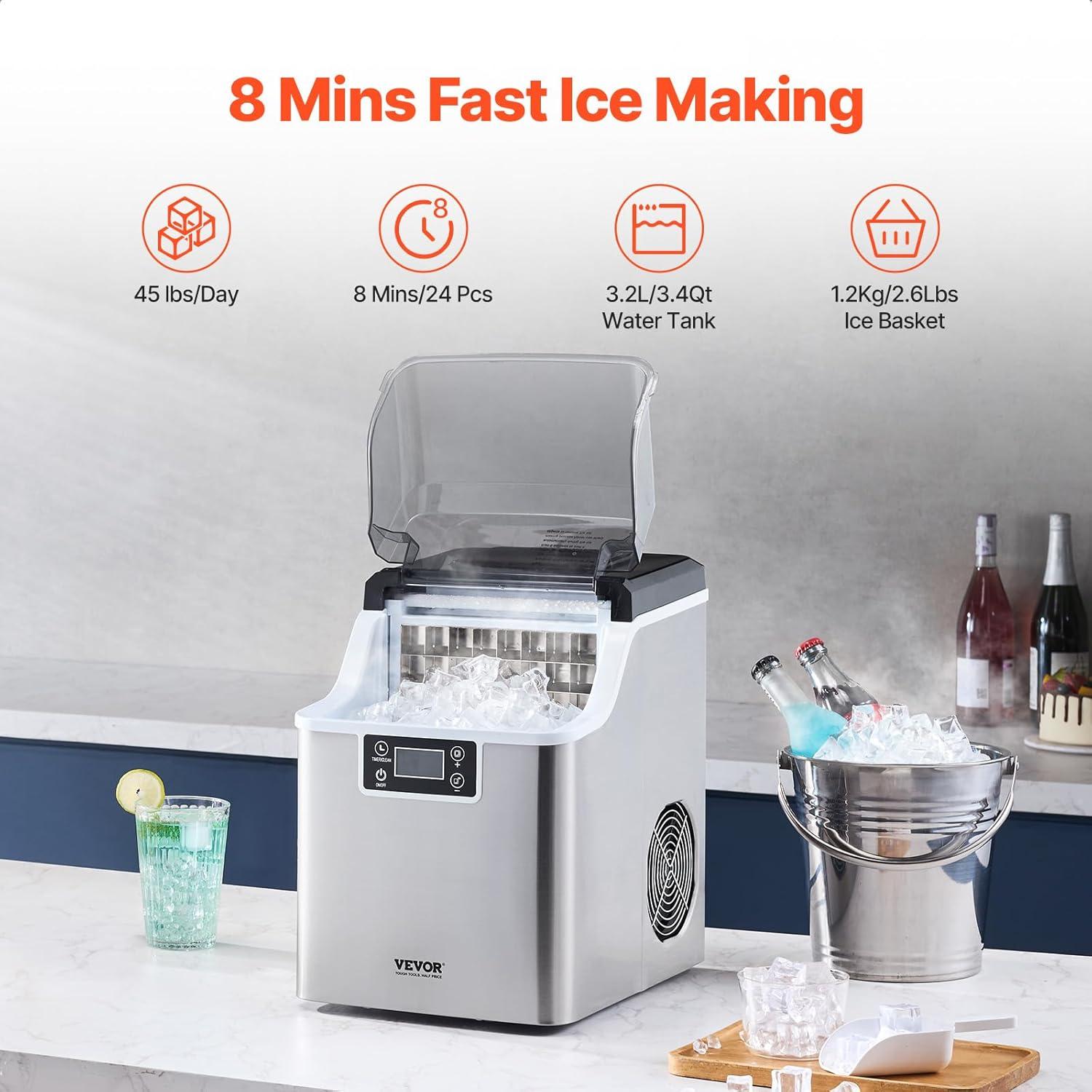 imageVEVOR Countertop Ice Maker 9 Cubes Ready in 6 Mins 26lbs in 24Hrs SelfCleaning Portable Ice Maker with Ice Scoop and Basket Ice Machine with 2 Sizes Bullet Ice for Home Kitchen Office Bar Party45lbs