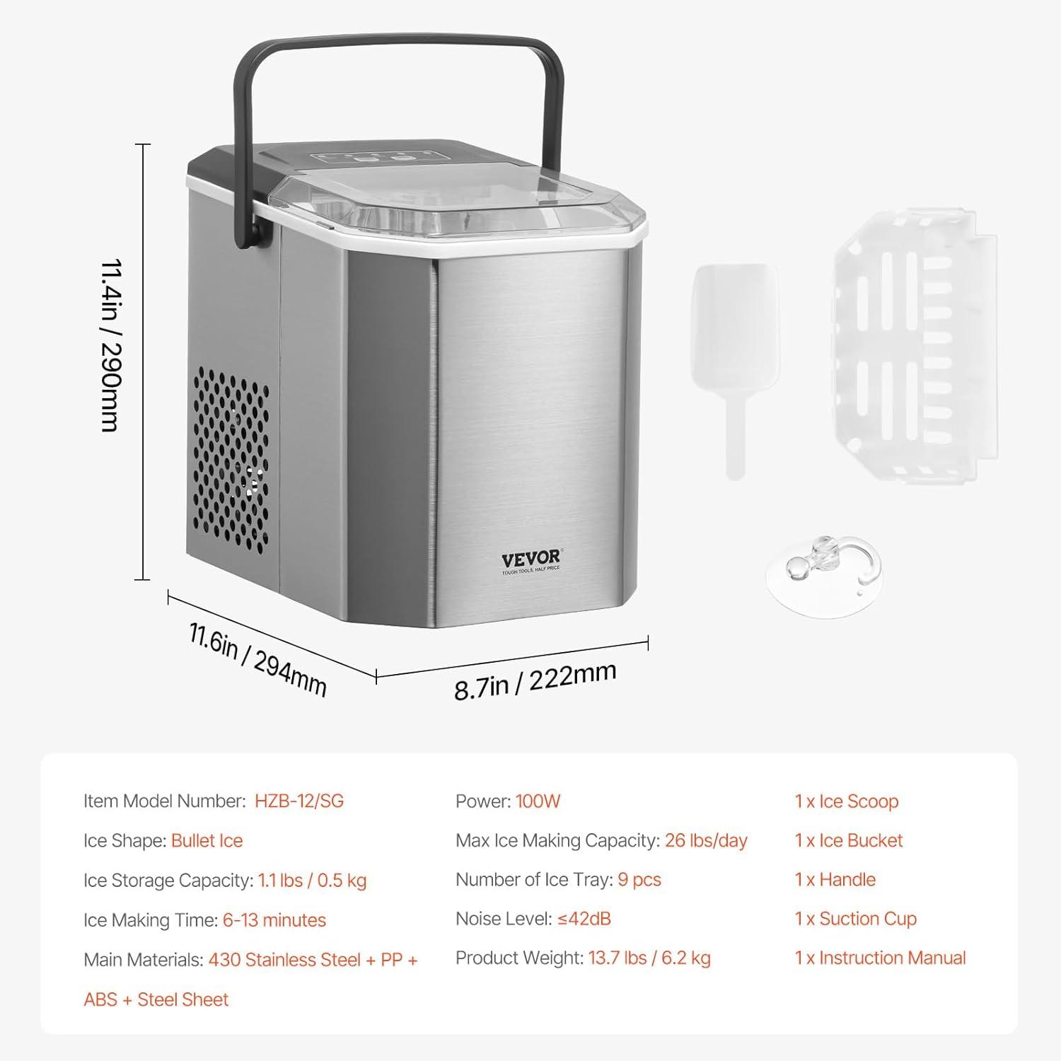 imageVEVOR Countertop Ice Maker 9 Cubes Ready in 6 Mins 26lbs in 24Hrs SelfCleaning Portable Ice Maker with Ice Scoop and Basket Ice Machine with 2 Sizes Bullet Ice for Home Kitchen Office Bar Party26lbsStainless Steel Body