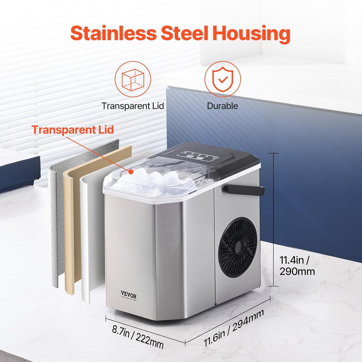 imageVEVOR Countertop Ice Maker 9 Cubes Ready in 6 Mins 26lbs in 24Hrs SelfCleaning Portable Ice Maker with Ice Scoop and Basket Ice Machine with 2 Sizes Bullet Ice for Home Kitchen Office Bar Party26lbsStainless Steel Body