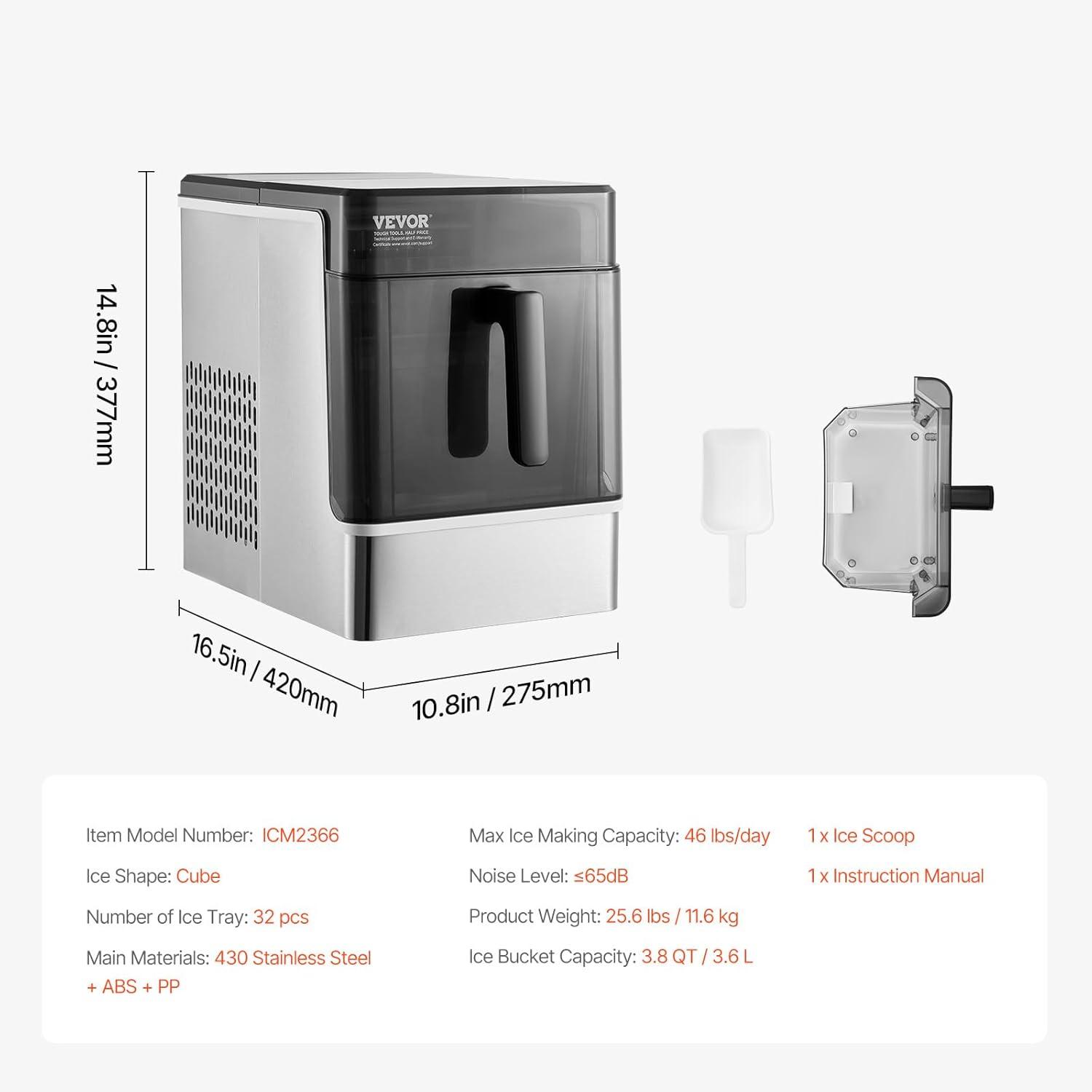 imageVEVOR Countertop Ice Maker 9 Cubes Ready in 6 Mins 26lbs in 24Hrs SelfCleaning Portable Ice Maker with Ice Scoop and Basket Ice Machine with 2 Sizes Bullet Ice for Home Kitchen Office Bar Party50lbs