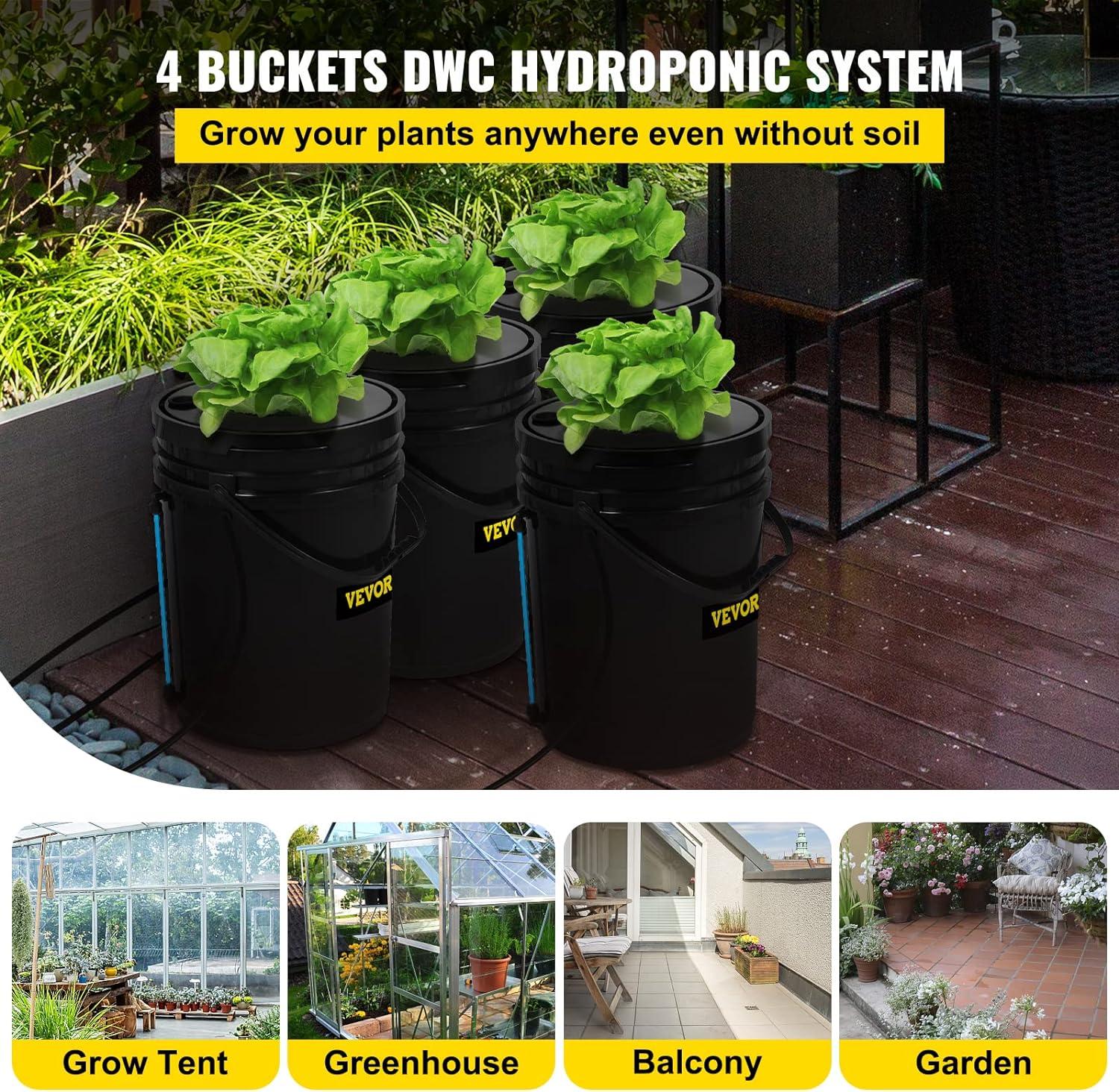 imageVEVOR DWC Hydroponic System 5 Gallon 8 Buckets Deep Water Culture Growing Bucket Hydroponics Grow Kit with Pump Air Stone and Water Level Device for IndoorOutdoor Leafy Vegetables4 Buckets