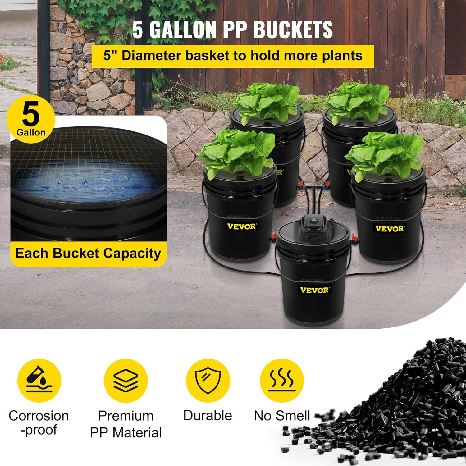 imageVEVOR DWC Hydroponic System 5 Gallon 8 Buckets Deep Water Culture Growing Bucket Hydroponics Grow Kit with Pump Air Stone and Water Level Device for IndoorOutdoor Leafy Vegetables5 Buckets