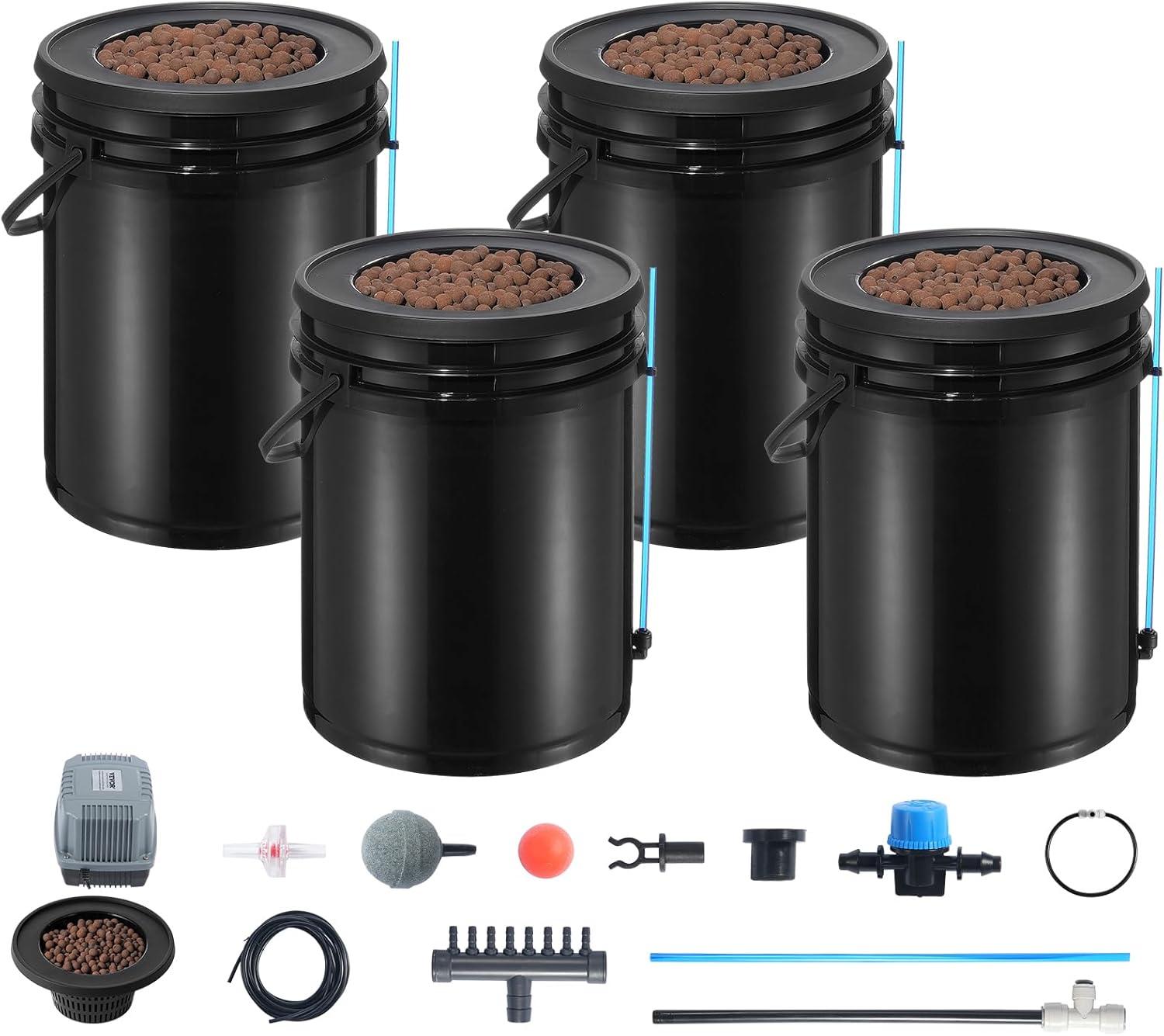 imageVEVOR DWC Hydroponic System 5 Gallon 8 Buckets Deep Water Culture Growing Bucket Hydroponics Grow Kit with Pump Air Stone and Water Level Device for IndoorOutdoor Leafy Vegetables4 BucketsTop Drip Kit
