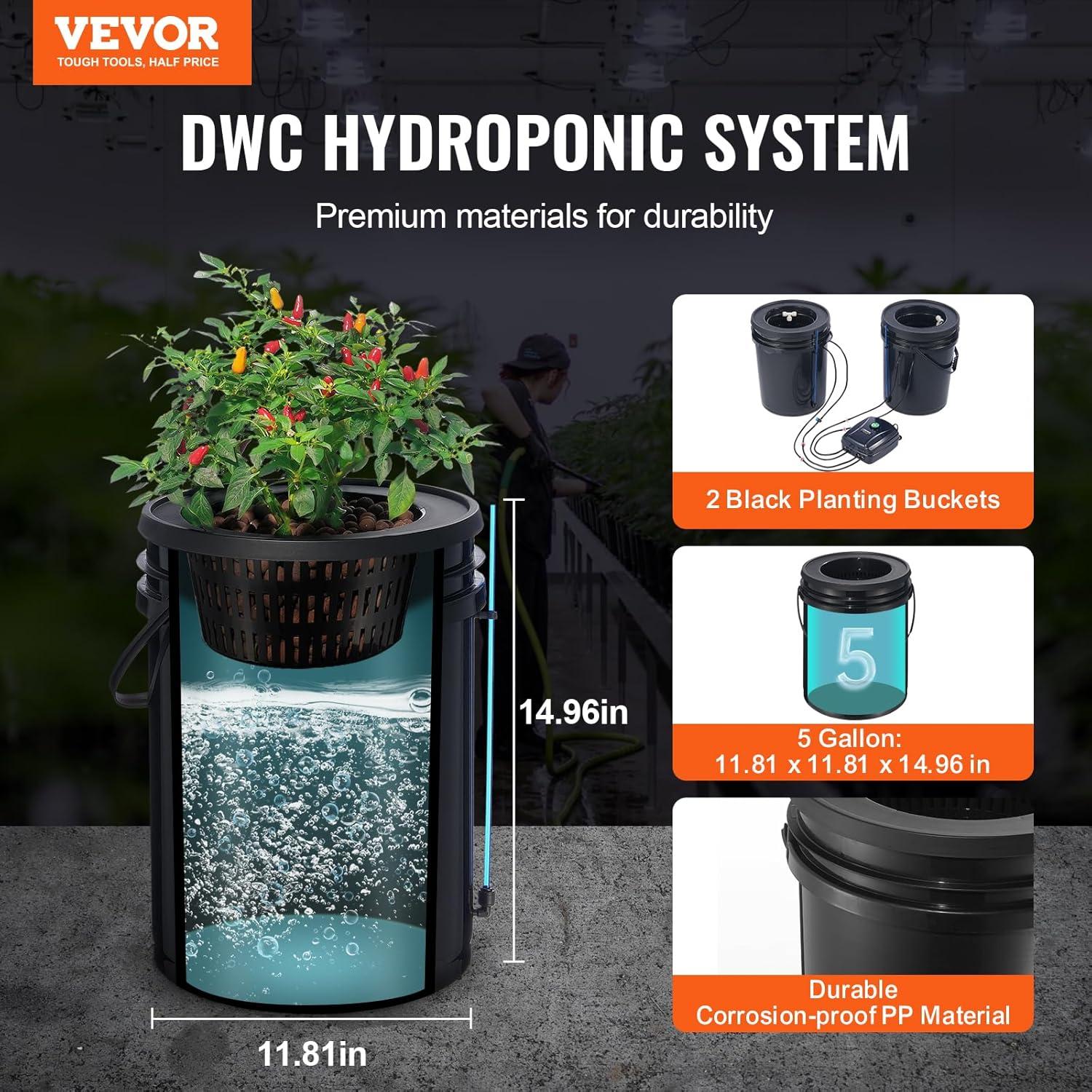 imageVEVOR DWC Hydroponic System 5 Gallon 8 Buckets Deep Water Culture Growing Bucket Hydroponics Grow Kit with Pump Air Stone and Water Level Device for IndoorOutdoor Leafy Vegetables2 BucketsTop Drip Kit