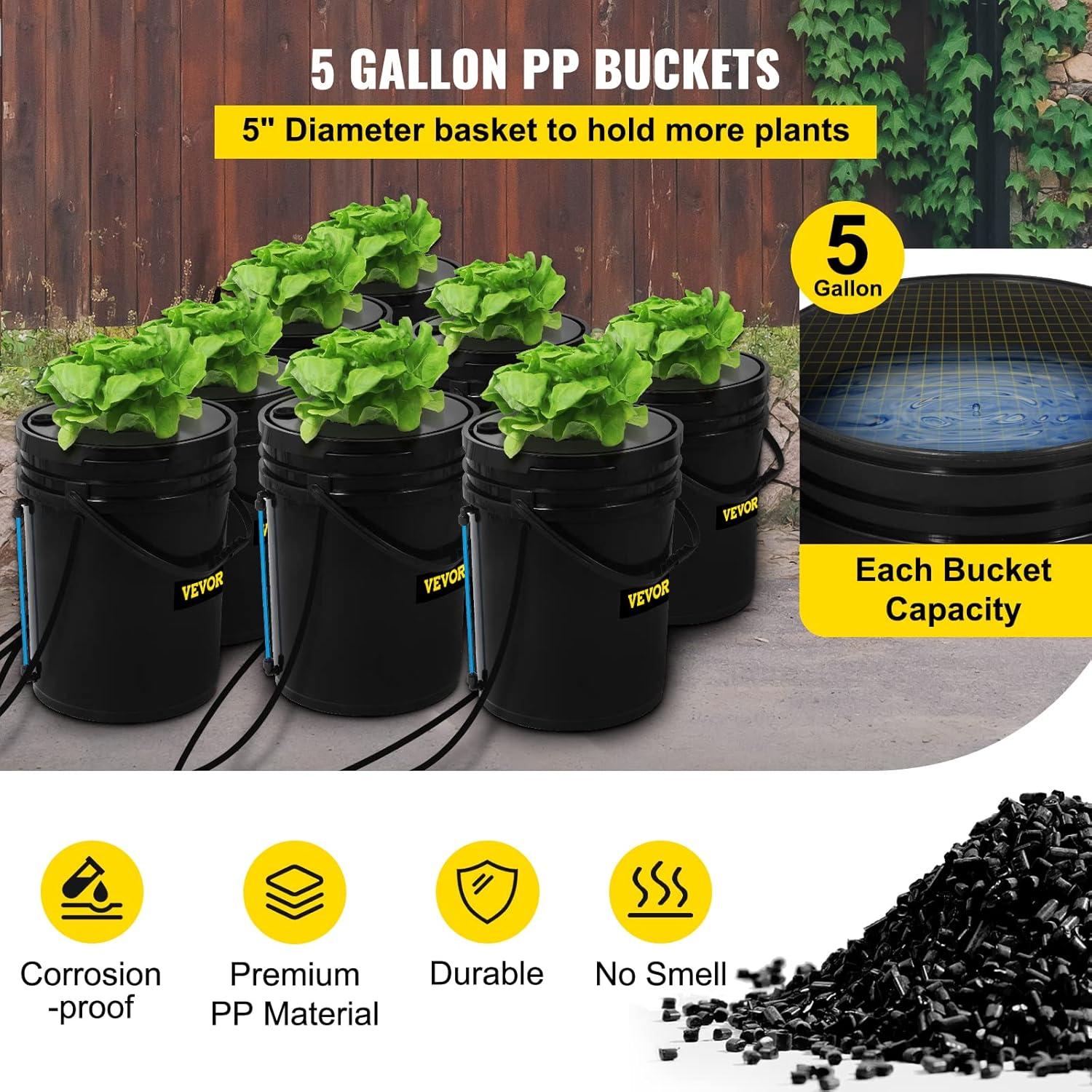 imageVEVOR DWC Hydroponic System 5 Gallon 8 Buckets Deep Water Culture Growing Bucket Hydroponics Grow Kit with Pump Air Stone and Water Level Device for IndoorOutdoor Leafy Vegetables8 Buckets