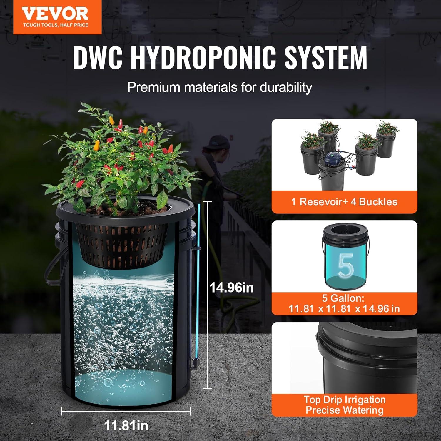 imageVEVOR DWC Hydroponic System 5 Gallon 8 Buckets Deep Water Culture Growing Bucket Hydroponics Grow Kit with Pump Air Stone and Water Level Device for IndoorOutdoor Leafy Vegetables4 Buckets1 Reservoir