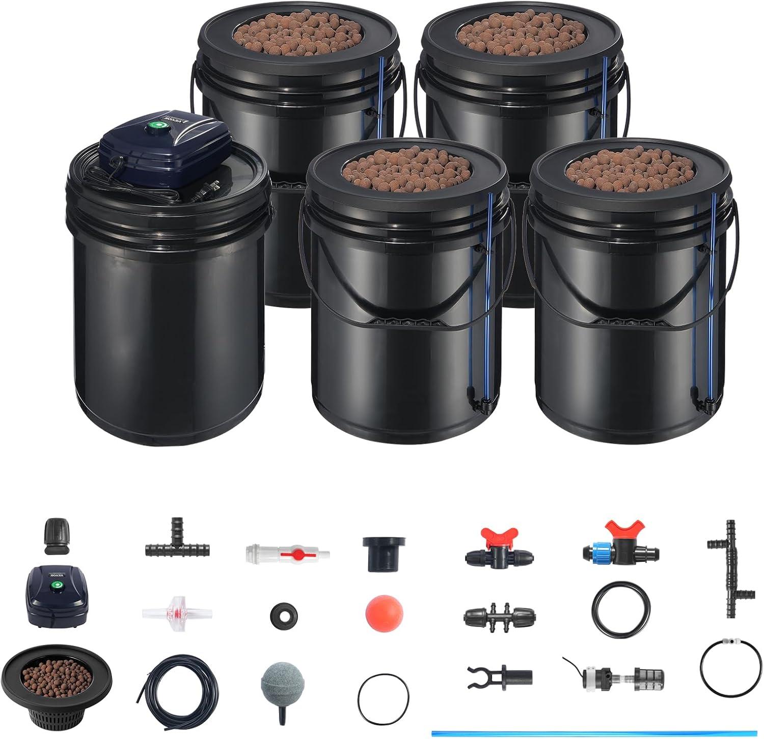 imageVEVOR DWC Hydroponic System 5 Gallon 8 Buckets Deep Water Culture Growing Bucket Hydroponics Grow Kit with Pump Air Stone and Water Level Device for IndoorOutdoor Leafy Vegetables4 Buckets1 Reservoir