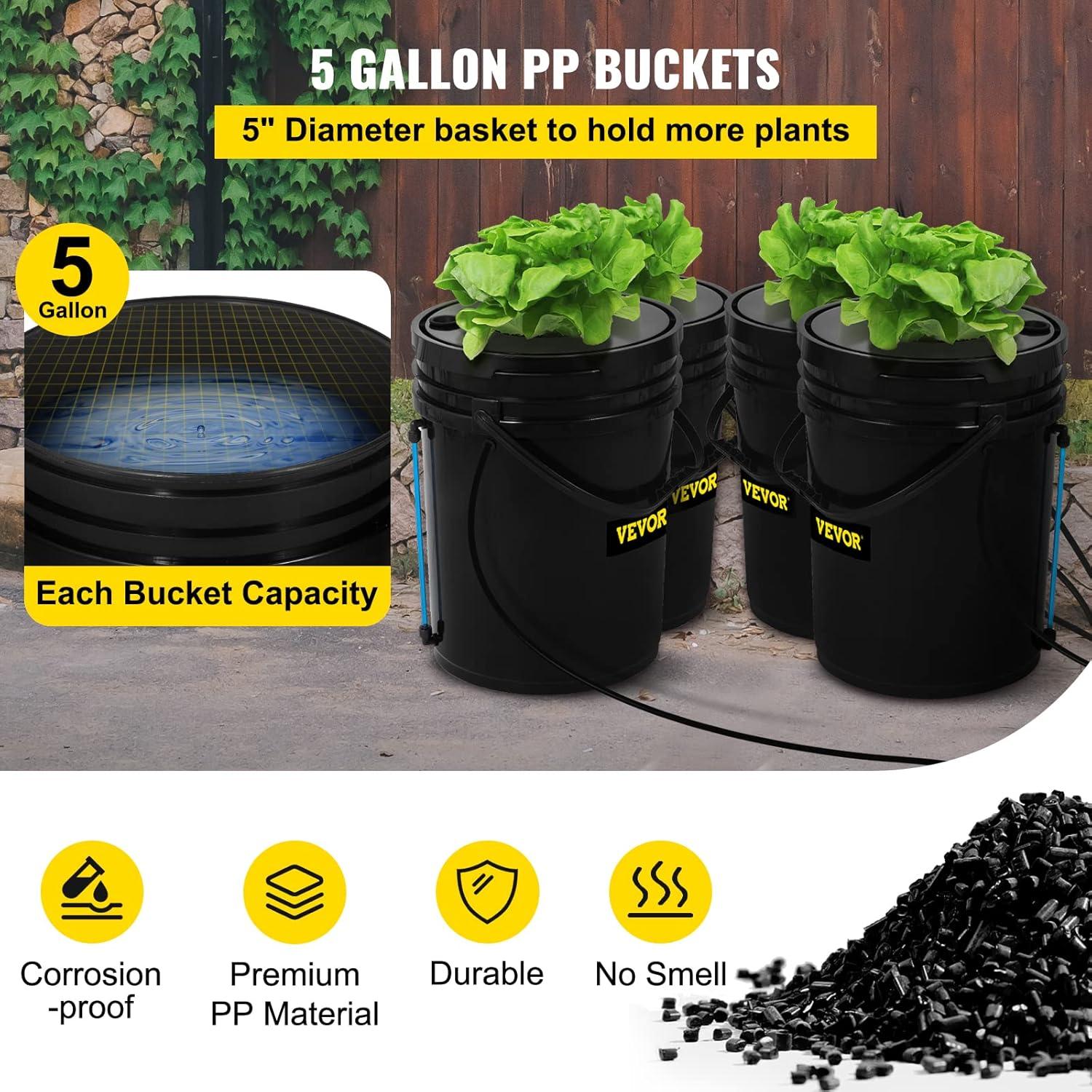 imageVEVOR DWC Hydroponic System 5 Gallon 8 Buckets Deep Water Culture Growing Bucket Hydroponics Grow Kit with Pump Air Stone and Water Level Device for IndoorOutdoor Leafy Vegetables4 Buckets