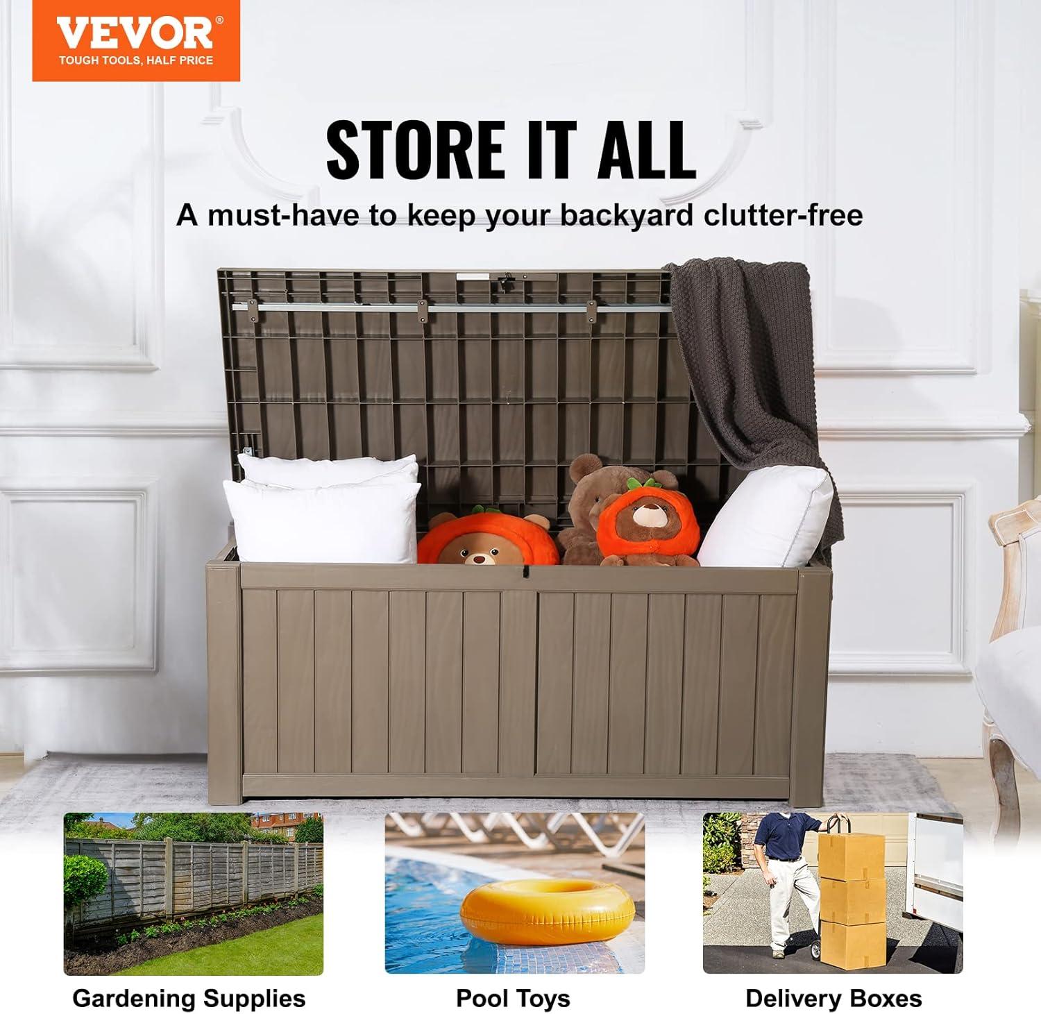 imageVEVOR Deck Box 120 Gallon Outdoor Storage Box 563quot x 266quot x 238quot Waterproof PP Deckbox with Aluminum Alloy Padlock for Patio FurnitureGarden Tools Outdoor Cushions Gray120gal