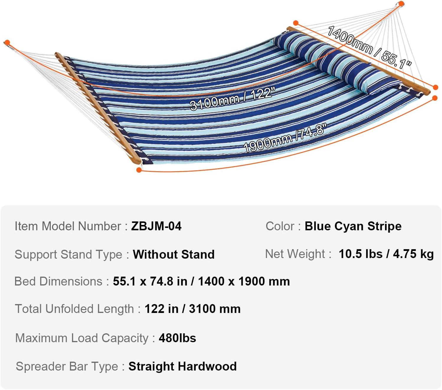 imageVEVOR Double Quilted Fabric Hammock 12 FT Double Hammock with Hardwood Spreader Bars Detachable Pillow and Chains for Camping Outdoor Patio Yard Beach 480 lbs CapacityBlue Stripe