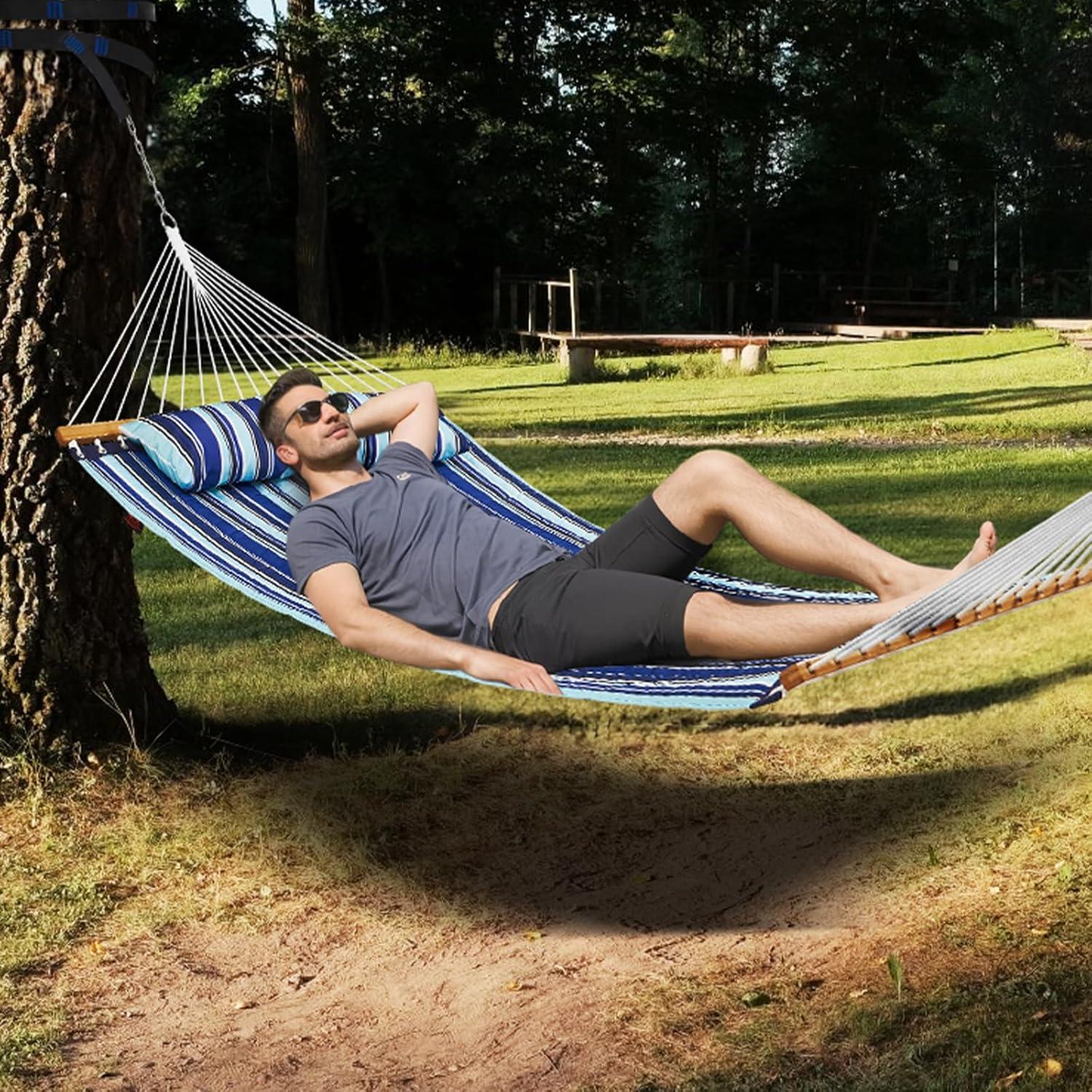 imageVEVOR Double Quilted Fabric Hammock 12 FT Double Hammock with Hardwood Spreader Bars Detachable Pillow and Chains for Camping Outdoor Patio Yard Beach 480 lbs CapacityBlue Stripe