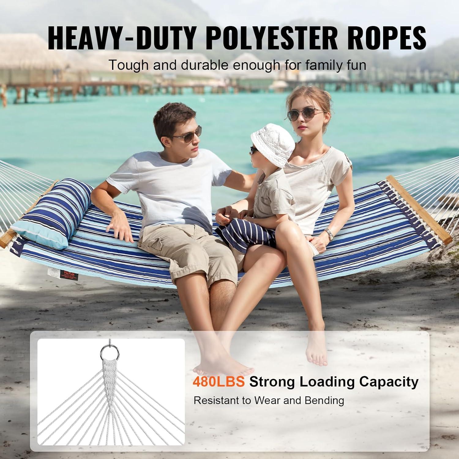 imageVEVOR Double Quilted Fabric Hammock 12 FT Double Hammock with Hardwood Spreader Bars Detachable Pillow and Chains for Camping Outdoor Patio Yard Beach 480 lbs CapacityBlue Stripe