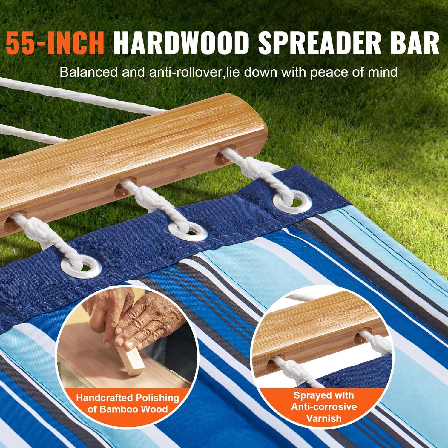 imageVEVOR Double Quilted Fabric Hammock 12 FT Double Hammock with Hardwood Spreader Bars Detachable Pillow and Chains for Camping Outdoor Patio Yard Beach 480 lbs CapacityBlue Stripe