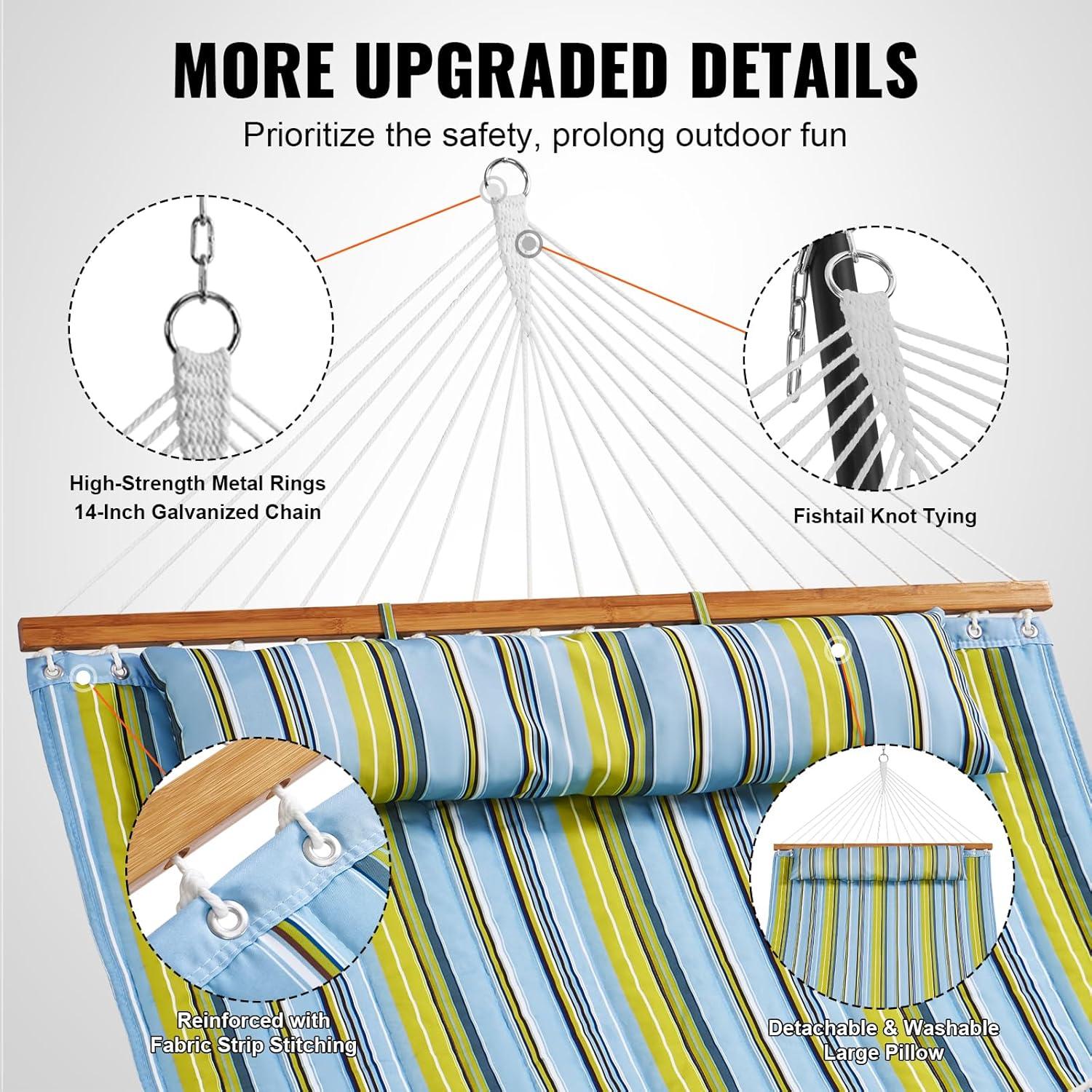 imageVEVOR Double Quilted Fabric Hammock 12 FT Double Hammock with Hardwood Spreader Bars Detachable Pillow and Chains for Camping Outdoor Patio Yard Beach 480 lbs CapacityGreen Stripe