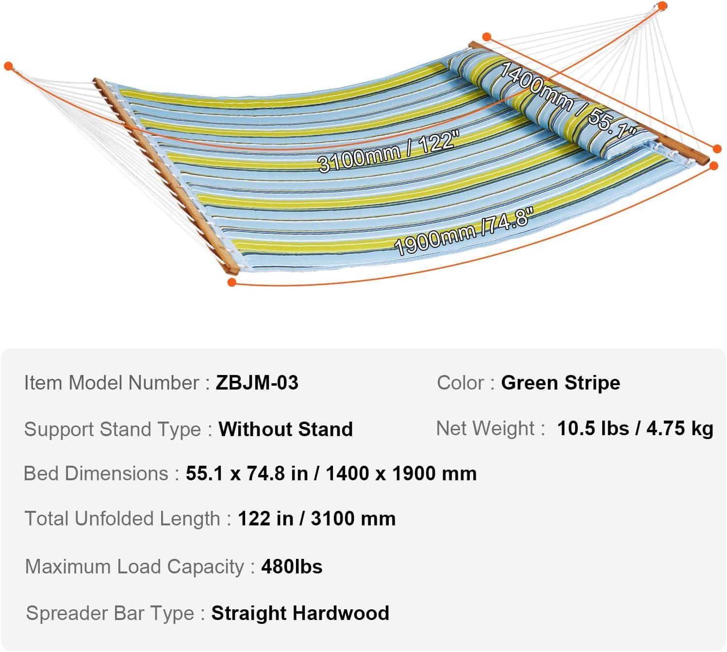 imageVEVOR Double Quilted Fabric Hammock 12 FT Double Hammock with Hardwood Spreader Bars Detachable Pillow and Chains for Camping Outdoor Patio Yard Beach 480 lbs CapacityGreen Stripe