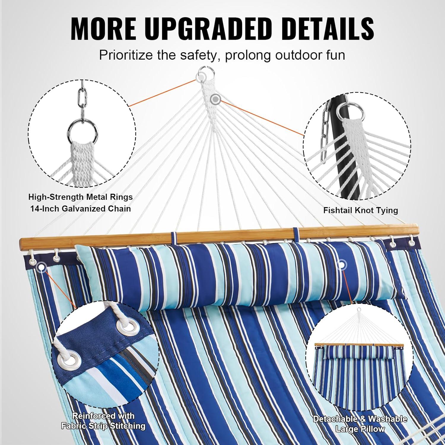 imageVEVOR Double Quilted Fabric Hammock 12 FT Double Hammock with Hardwood Spreader Bars Detachable Pillow and Chains for Camping Outdoor Patio Yard Beach 480 lbs CapacityBlue Stripe
