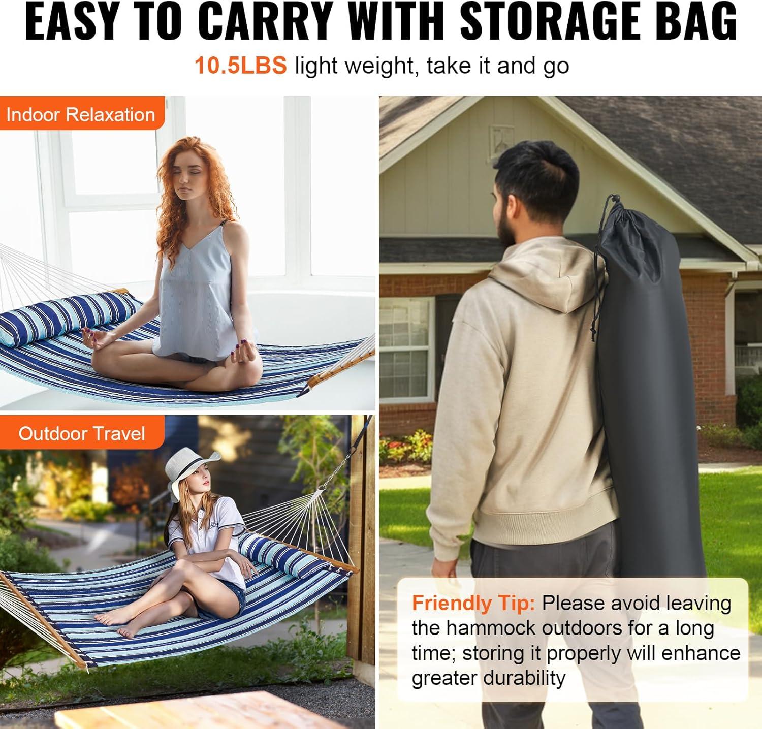 imageVEVOR Double Quilted Fabric Hammock 12 FT Double Hammock with Hardwood Spreader Bars Detachable Pillow and Chains for Camping Outdoor Patio Yard Beach 480 lbs CapacityBlue Stripe
