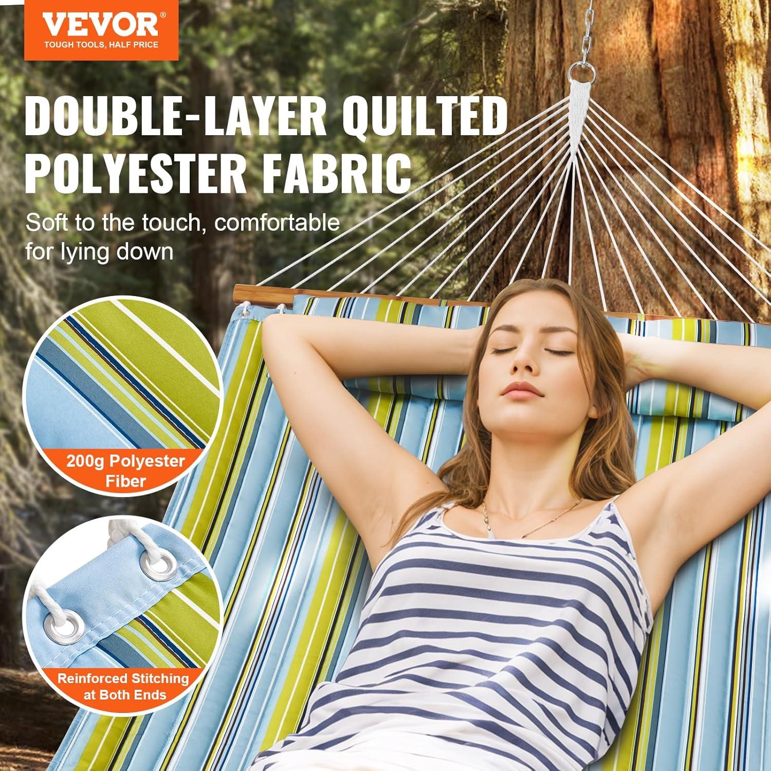 imageVEVOR Double Quilted Fabric Hammock 12 FT Double Hammock with Hardwood Spreader Bars Detachable Pillow and Chains for Camping Outdoor Patio Yard Beach 480 lbs CapacityGreen Stripe