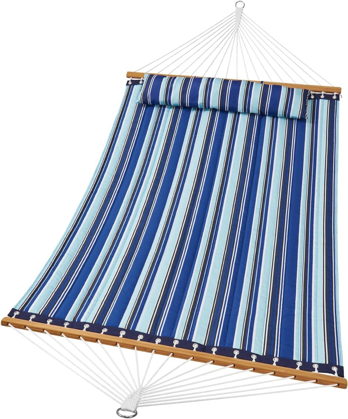 imageVEVOR Double Quilted Fabric Hammock 12 FT Double Hammock with Hardwood Spreader Bars Detachable Pillow and Chains for Camping Outdoor Patio Yard Beach 480 lbs CapacityBlue Stripe