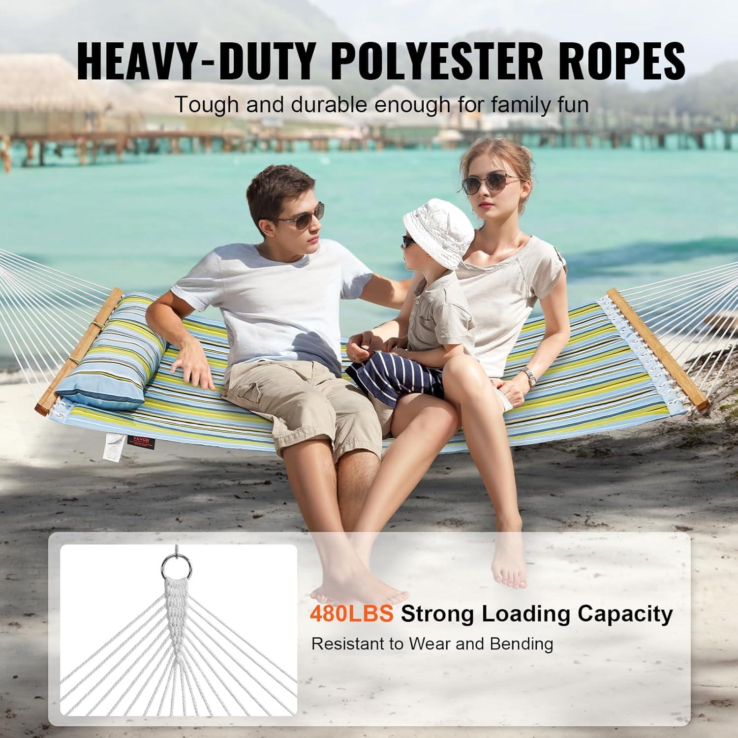 imageVEVOR Double Quilted Fabric Hammock 12 FT Double Hammock with Hardwood Spreader Bars Detachable Pillow and Chains for Camping Outdoor Patio Yard Beach 480 lbs CapacityGreen Stripe