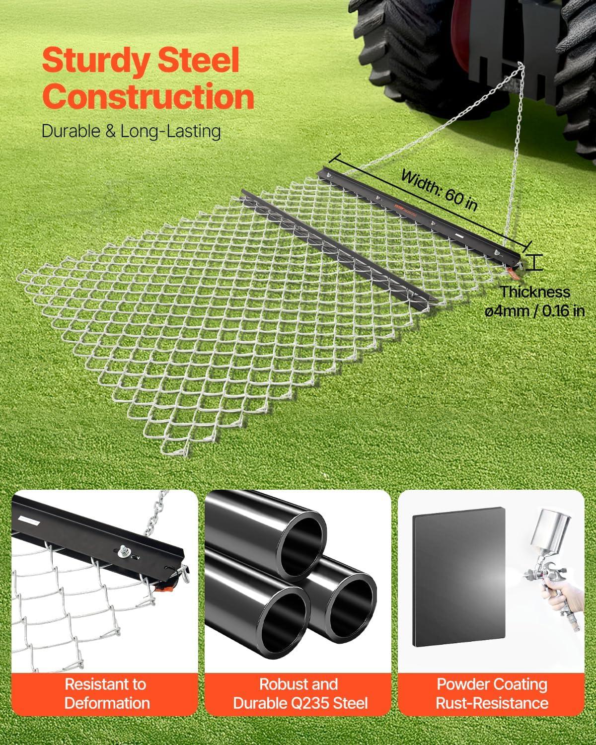 imageVEVOR Drag Harrow 4 x 5 ft Chain Harrow  Made from Q235 Steel UTV Tractor Attachments for Landscape Leveling or Sod Prepping Durable Harrow Rake for Gravel Driveway Farm Field Garden Black4 x 5 ft