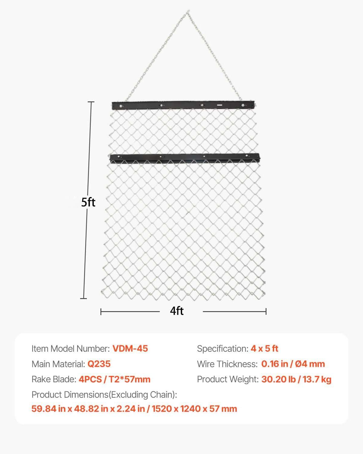 imageVEVOR Drag Harrow 4 x 5 ft Chain Harrow  Made from Q235 Steel UTV Tractor Attachments for Landscape Leveling or Sod Prepping Durable Harrow Rake for Gravel Driveway Farm Field Garden Black4 x 5 ft