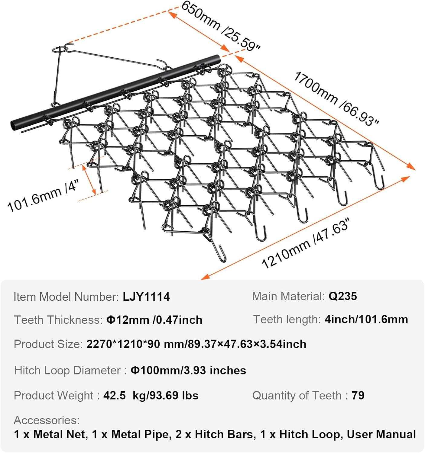imageVEVOR Drag Harrow 4 x 5 ft Chain Harrow  Made from Q235 Steel UTV Tractor Attachments for Landscape Leveling or Sod Prepping Durable Harrow Rake for Gravel Driveway Farm Field Garden Black4x56