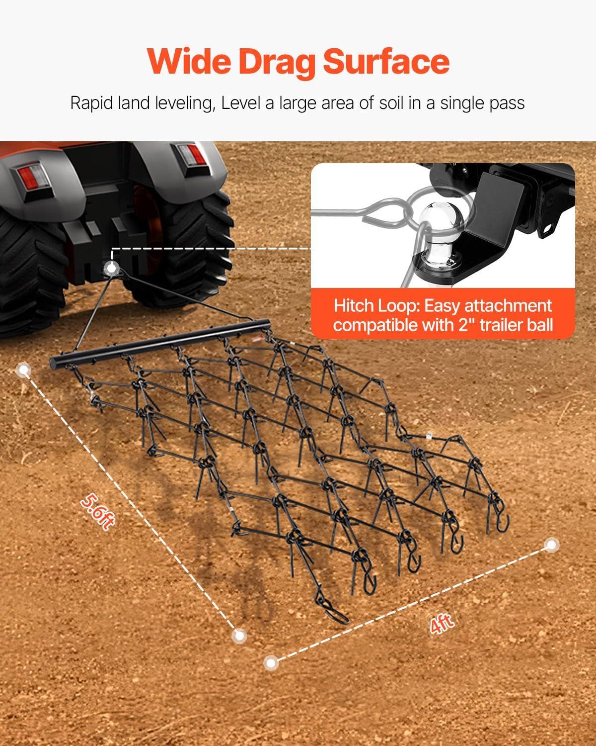 imageVEVOR Drag Harrow 4 x 5 ft Chain Harrow  Made from Q235 Steel UTV Tractor Attachments for Landscape Leveling or Sod Prepping Durable Harrow Rake for Gravel Driveway Farm Field Garden Black4 x 56 ft
