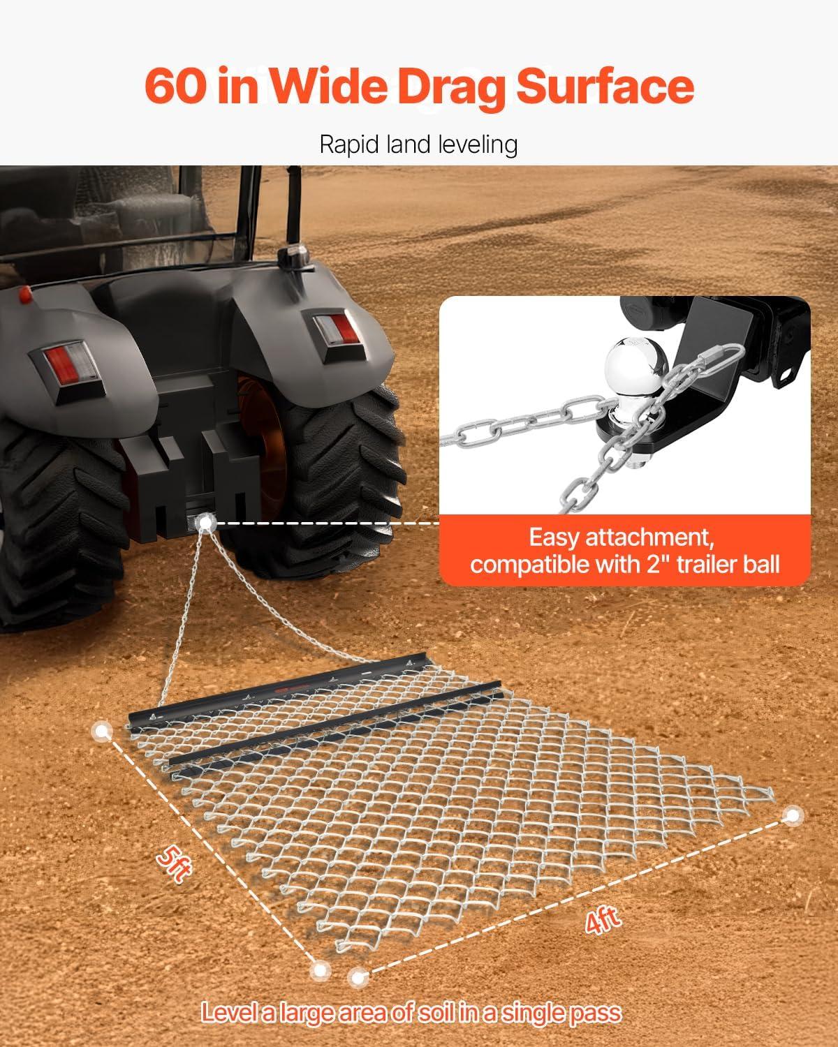 imageVEVOR Drag Harrow 4 x 5 ft Chain Harrow  Made from Q235 Steel UTV Tractor Attachments for Landscape Leveling or Sod Prepping Durable Harrow Rake for Gravel Driveway Farm Field Garden Black4 x 5 ft