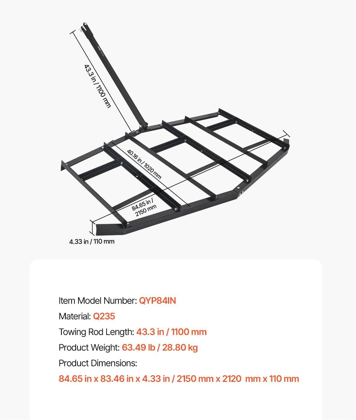 imageVEVOR Drag Harrow 74quot Width Tow Behind Drag Harrow Q235 Steel Driveway Grader with Adjustable Bars ampamp Pin Hitch Support up to 50 lbs Tractor Driveway Harrow for ATVs UTVs Garden Lawn Tractors84 in