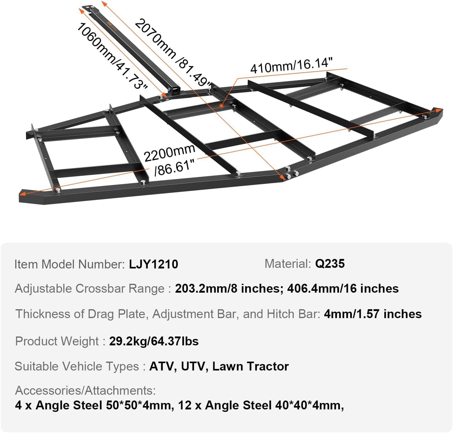 imageVEVOR Drag Harrow 74quot Width Tow Behind Drag Harrow Q235 Steel Driveway Grader with Adjustable Bars ampamp Pin Hitch Support up to 50 lbs Tractor Driveway Harrow for ATVs UTVs Garden Lawn Tractors84