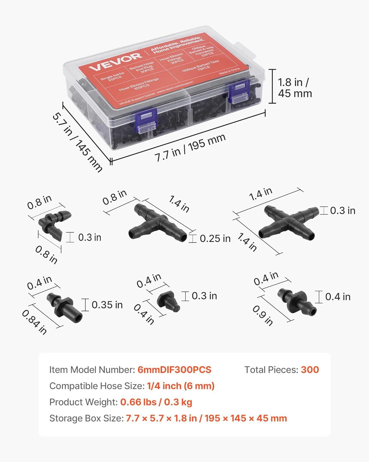 imageVEVOR Drip Irrigation Fittings Kit for 14quot Tubing 300 Pcs Drip Irrigation System Parts Tees Straight Barb 4 Way Coupling Elbows End Plug Single Barbs Barbed Connectors for Yard Garden Lawn