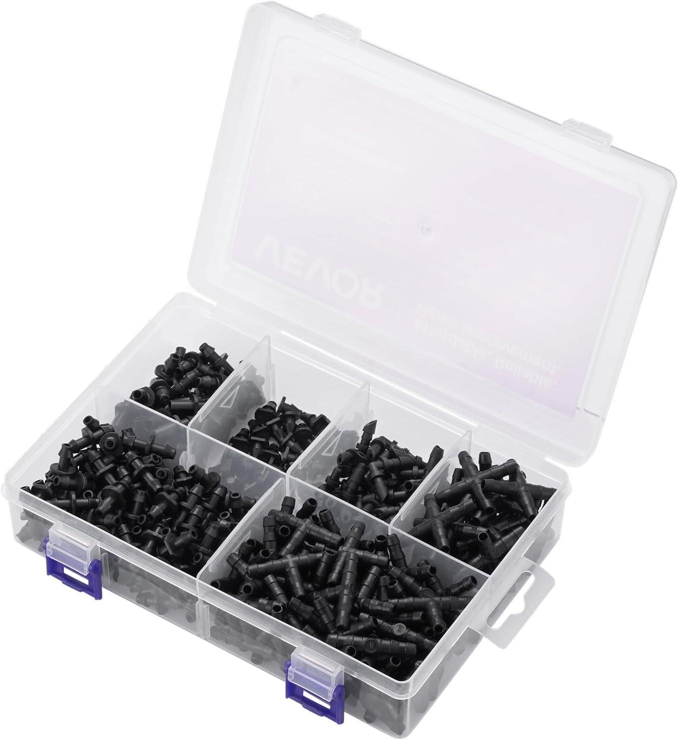 imageVEVOR Drip Irrigation Fittings Kit for 14quot Tubing 300 Pcs Drip Irrigation System Parts Tees Straight Barb 4 Way Coupling Elbows End Plug Single Barbs Barbed Connectors for Yard Garden Lawn