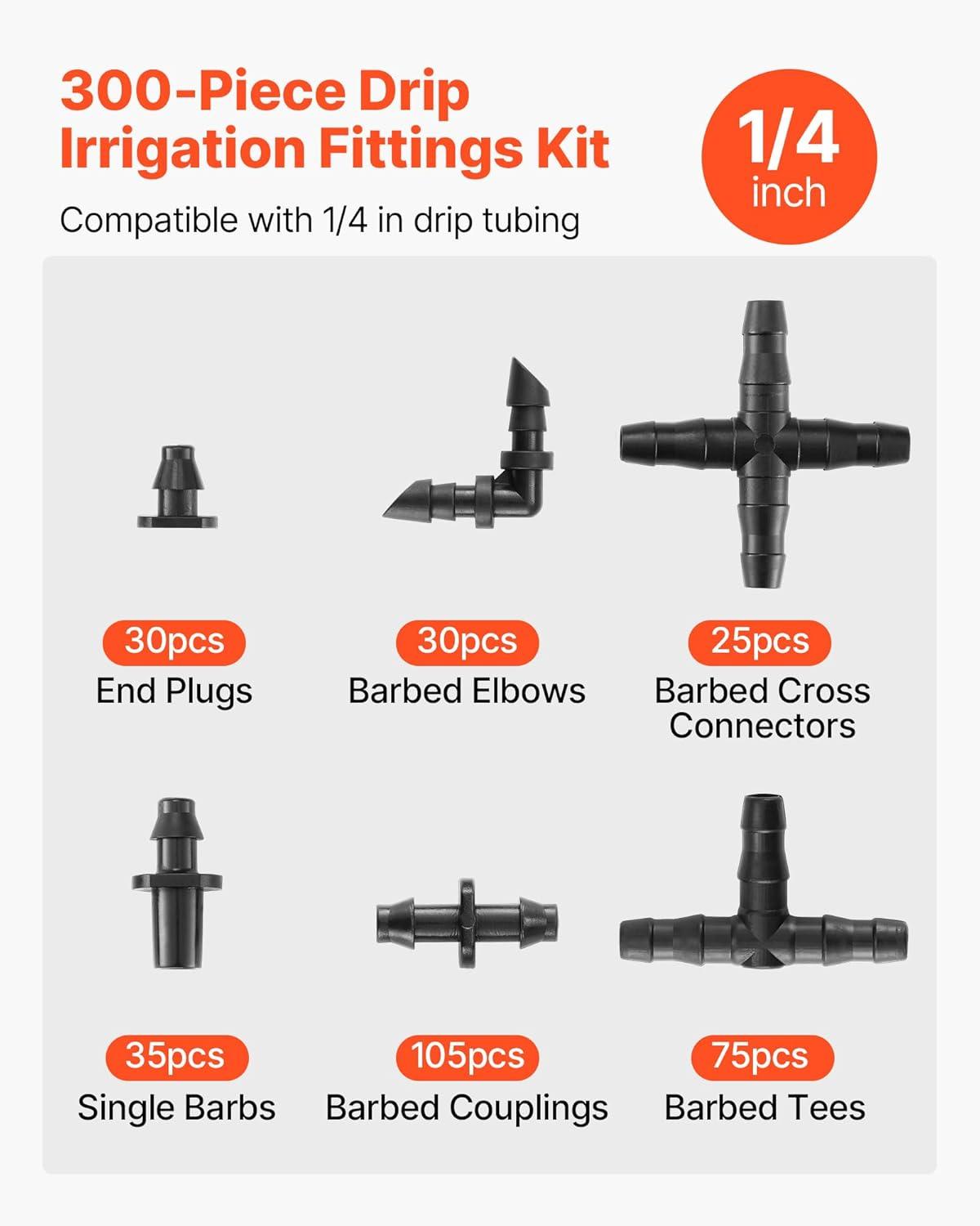 imageVEVOR Drip Irrigation Fittings Kit for 14quot Tubing 300 Pcs Drip Irrigation System Parts Tees Straight Barb 4 Way Coupling Elbows End Plug Single Barbs Barbed Connectors for Yard Garden Lawn