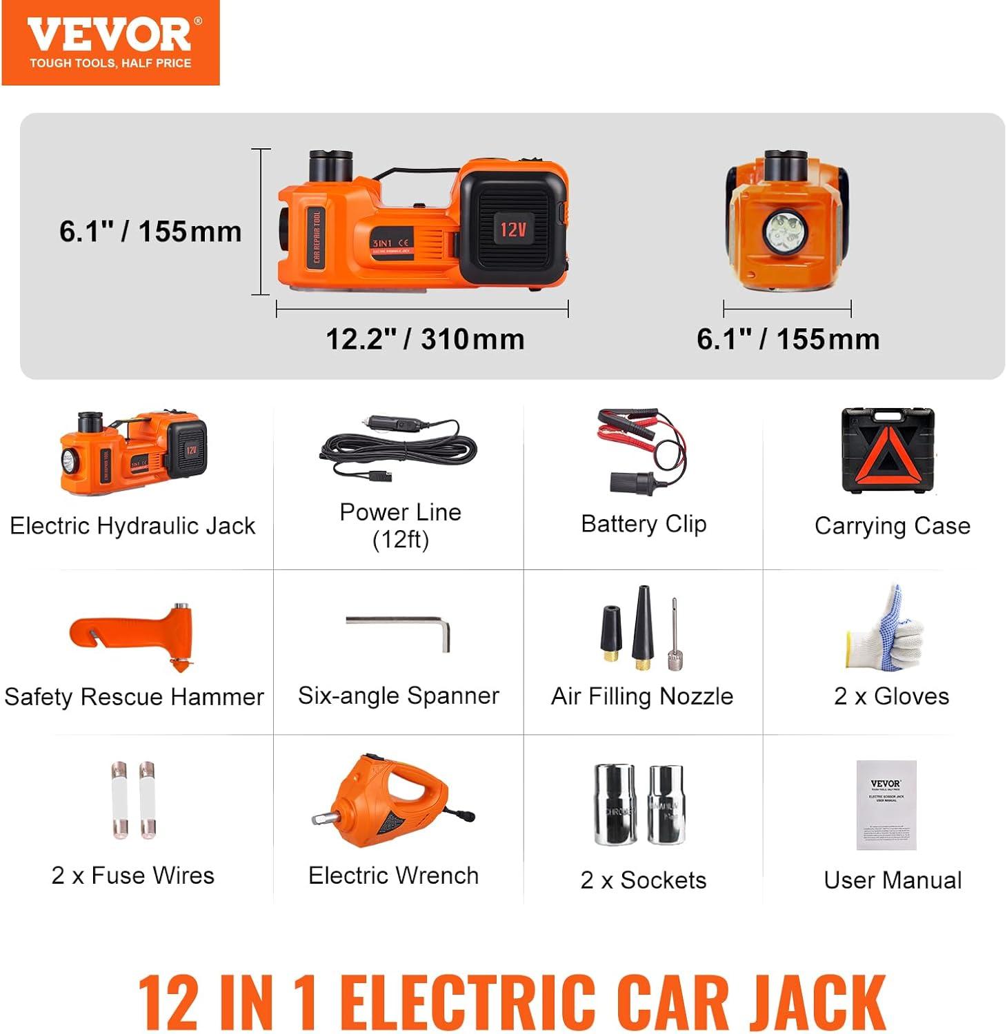 imageVEVOR Electric Car Jack 5 Ton11023 LBS Hydraulic Jack Lift with Electric Impact Wrench Builtin Inflatable Pump and LED Light for SUV MPV Sedan Truck Change Tires Garage Repairwith Electric Wrench