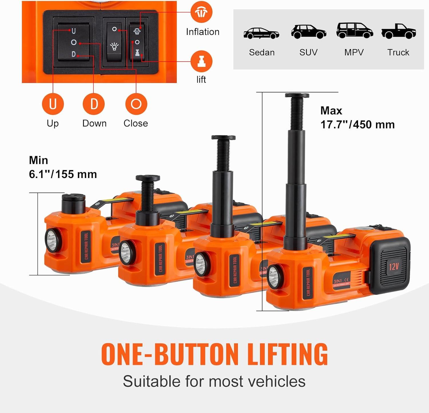 imageVEVOR Electric Car Jack 5 Ton11023 LBS Hydraulic Jack Lift with Electric Impact Wrench Builtin Inflatable Pump and LED Light for SUV MPV Sedan Truck Change Tires Garage Repairwith Electric Wrench