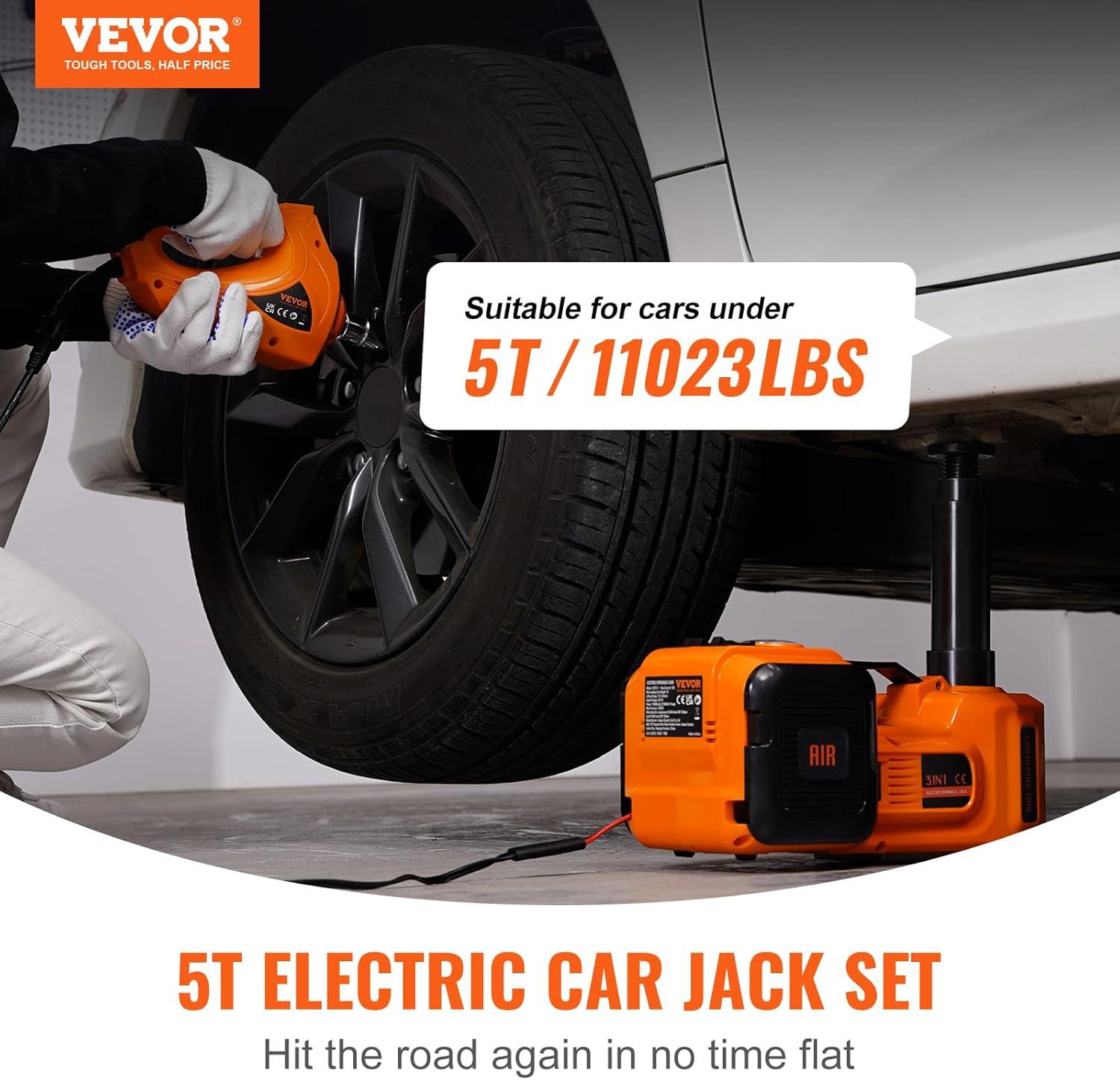 imageVEVOR Electric Car Jack 5 Ton11023 LBS Hydraulic Jack Lift with Electric Impact Wrench Builtin Inflatable Pump and LED Light for SUV MPV Sedan Truck Change Tires Garage Repairwith Electric Wrench