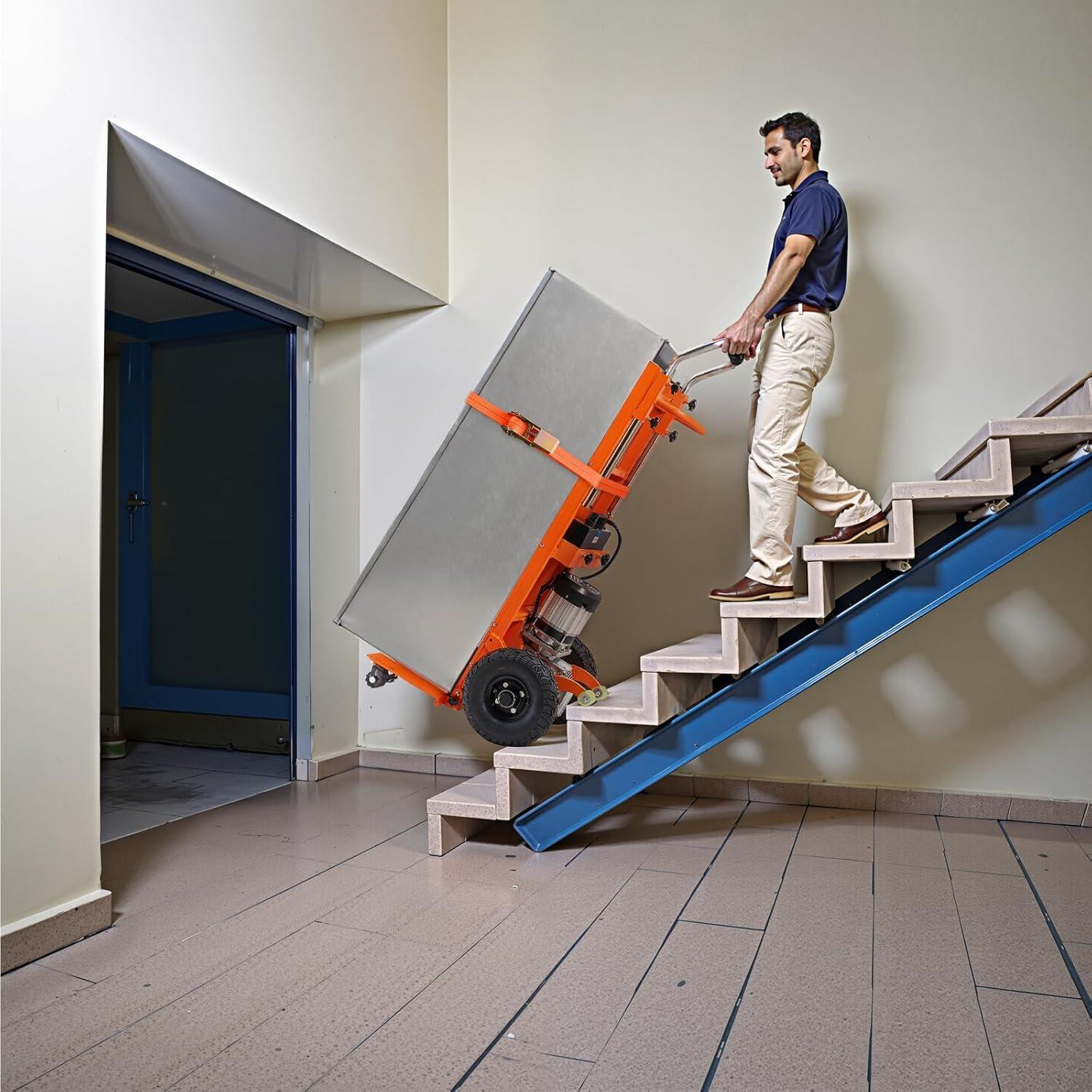 imageVEVOR Electric Stair Climbing Dolly 880lbs Electric Stair Climbing Hand Trucks with 1575in Rope ampamp Extendable Handle Heavy Duty Stair Climber for Warehouse Logistics Moving FurnitureBlueOrange