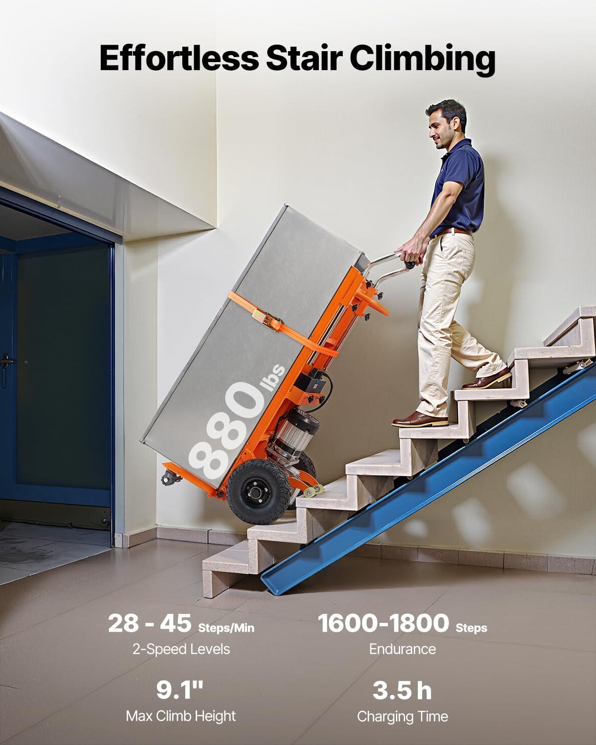 imageVEVOR Electric Stair Climbing Dolly 880lbs Electric Stair Climbing Hand Trucks with 1575in Rope ampamp Extendable Handle Heavy Duty Stair Climber for Warehouse Logistics Moving FurnitureBlueOrange