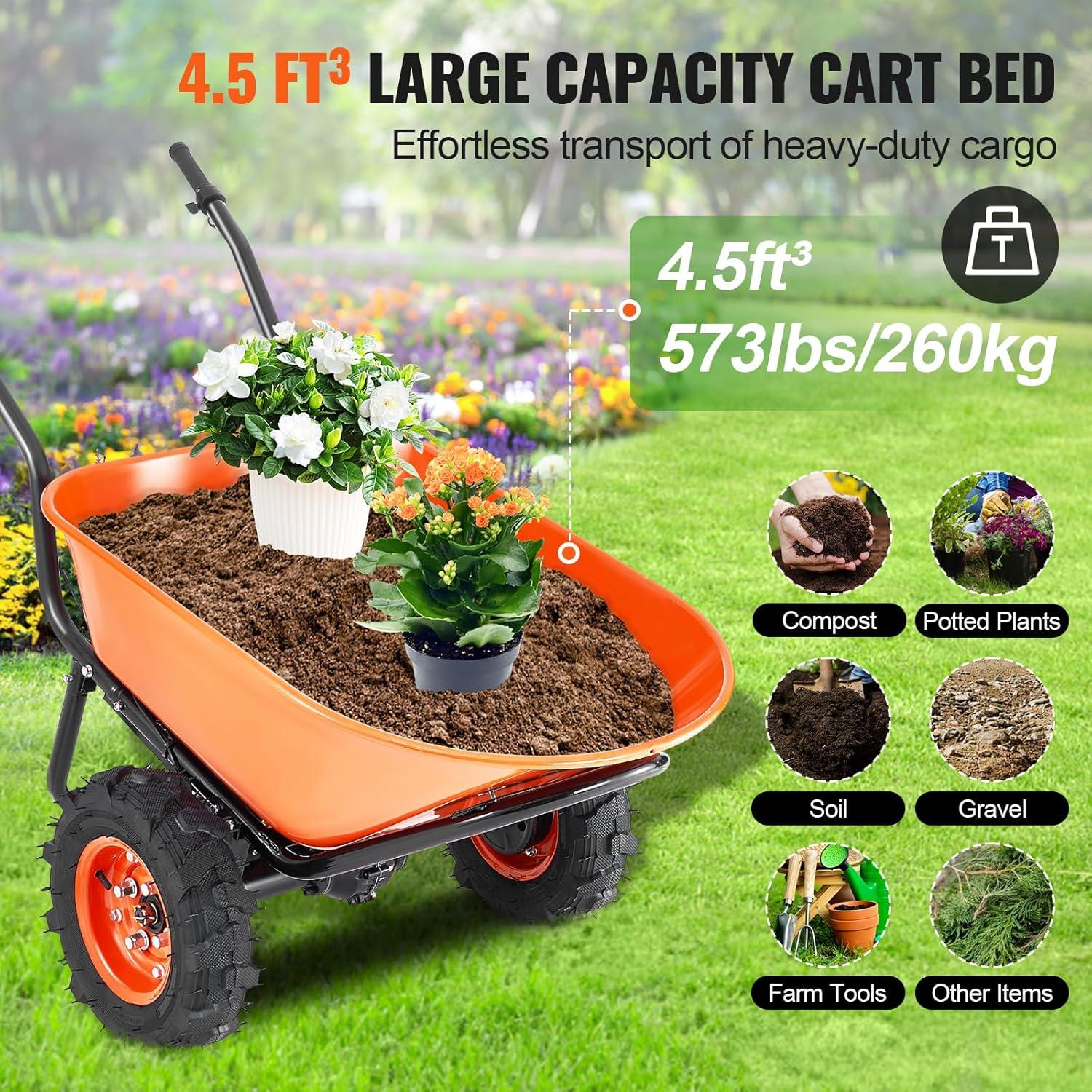 imageVEVOR Electric Wheelbarrow Cart 500W Powered Utility Garden Wagon Dump Cart 45 Cu Ft Load ampamp 573 lbs Capacity with Metal Handle ampamp 16quot Track Wheels Two Wheel Barrow Yard Cart ampamp Wagons for LawnElectric 45 Cu Ft Load  573 lbs