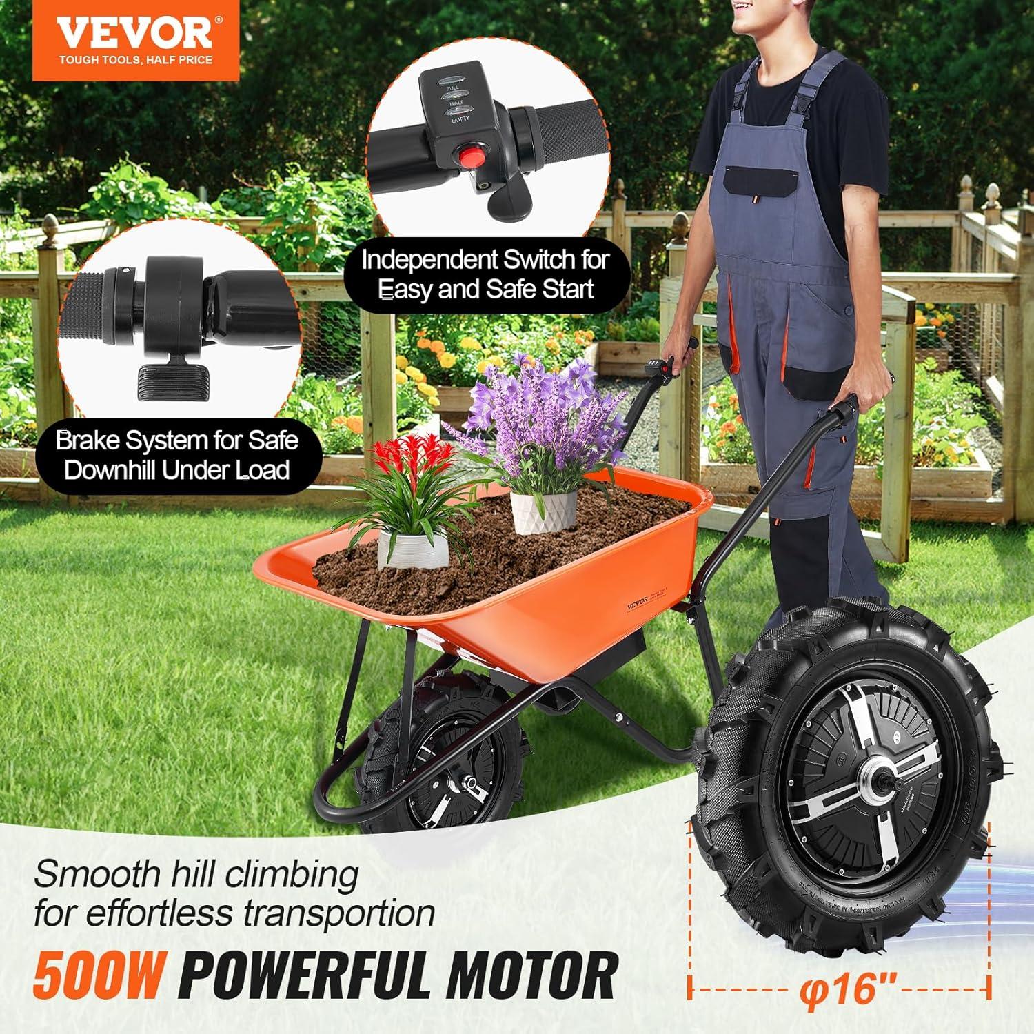 imageVEVOR Electric Wheelbarrow Cart 500W Powered Utility Garden Wagon Dump Cart 45 Cu Ft Load ampamp 573 lbs Capacity with Metal Handle ampamp 16quot Track Wheels Two Wheel Barrow Yard Cart ampamp Wagons for LawnElectric 4 Cu Ft Load  330 lbs