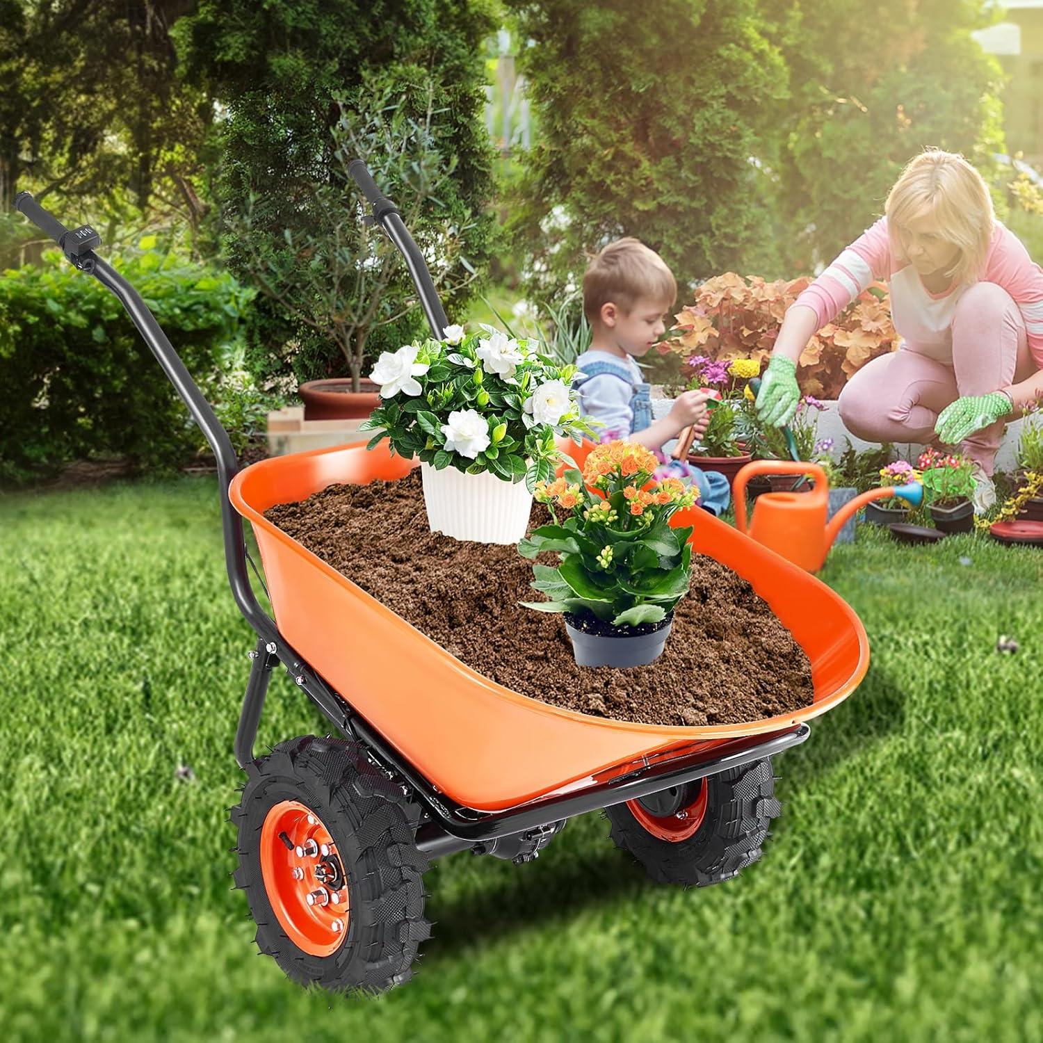imageVEVOR Electric Wheelbarrow Cart 500W Powered Utility Garden Wagon Dump Cart 45 Cu Ft Load ampamp 573 lbs Capacity with Metal Handle ampamp 16quot Track Wheels Two Wheel Barrow Yard Cart ampamp Wagons for LawnElectric 45 Cu Ft Load  573 lbs