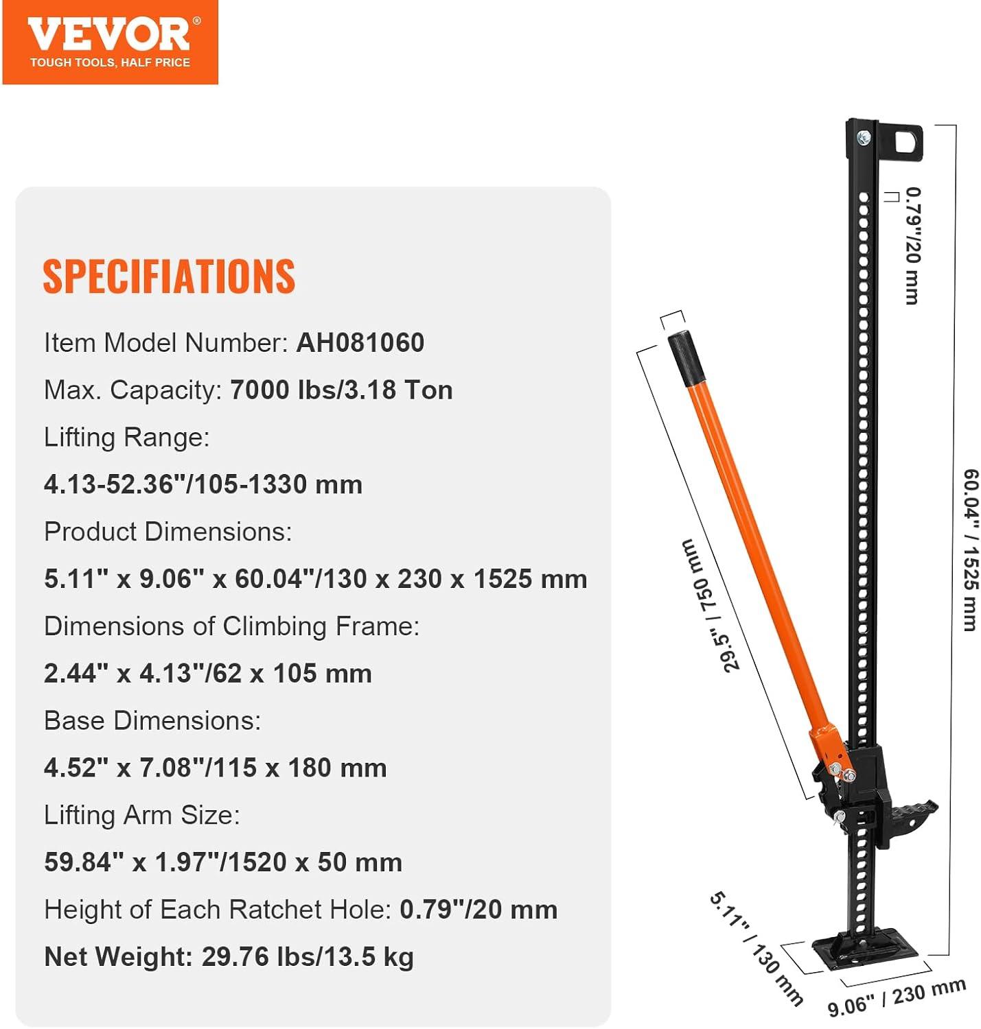 imageVEVOR Farm Jack60quot Utility High Lift Farm Jack 7000 lbs Capacity Ratcheting Off Road Utility Jack HeavyDuty Farm Jack for Tractor Truck SUV Bumper Lift Orange60 inch