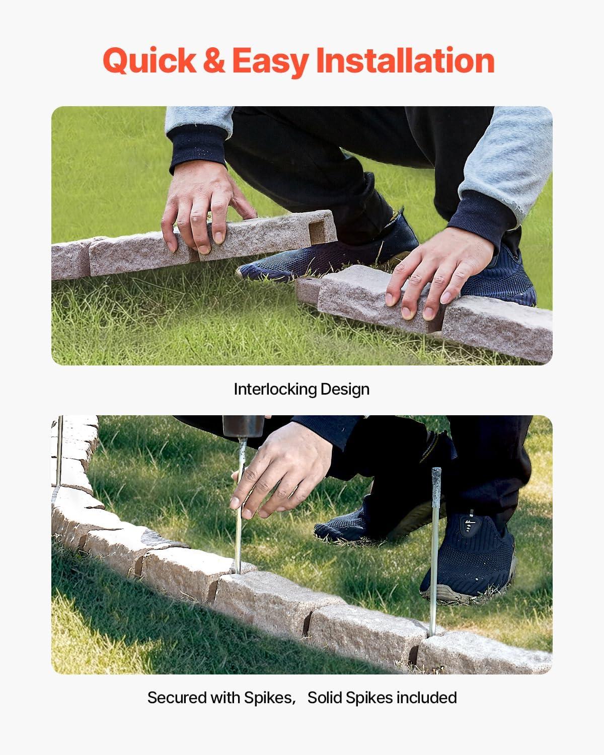 imageVEVOR Faux Stone Landscape Edging No Dig Garden Edging Border Flexible Blocks for Lawn Edging Flower Beds Driveway Yards with 12 Spikes 4 Pack 24 Bricks 16FT Kit 472quot Lx 4quot W x 9quot H BeigeBeige