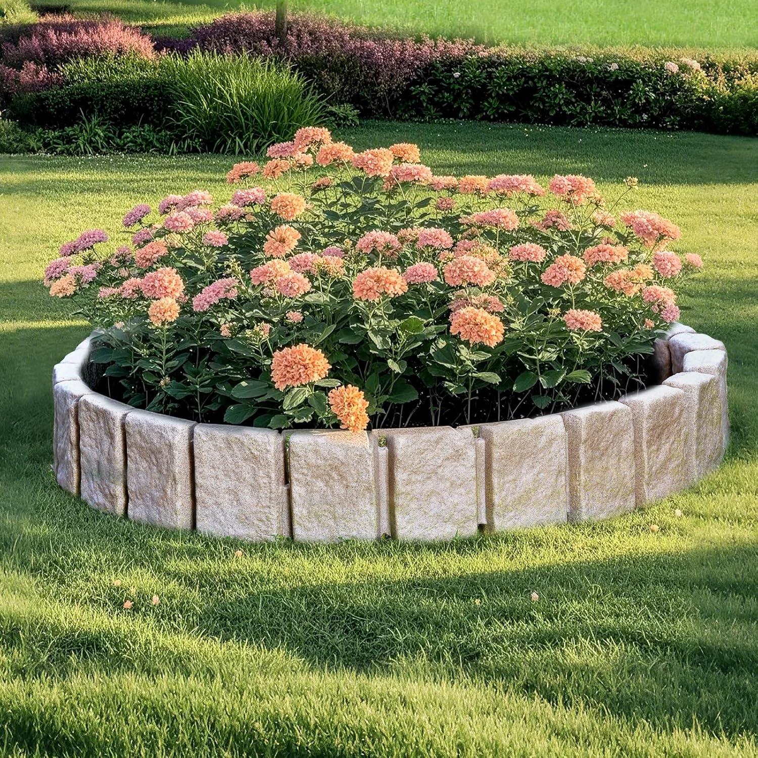 imageVEVOR Faux Stone Landscape Edging No Dig Garden Edging Border Flexible Blocks for Lawn Edging Flower Beds Driveway Yards with 12 Spikes 4 Pack 24 Bricks 16FT Kit 472quot Lx 4quot W x 9quot H BeigeBeige